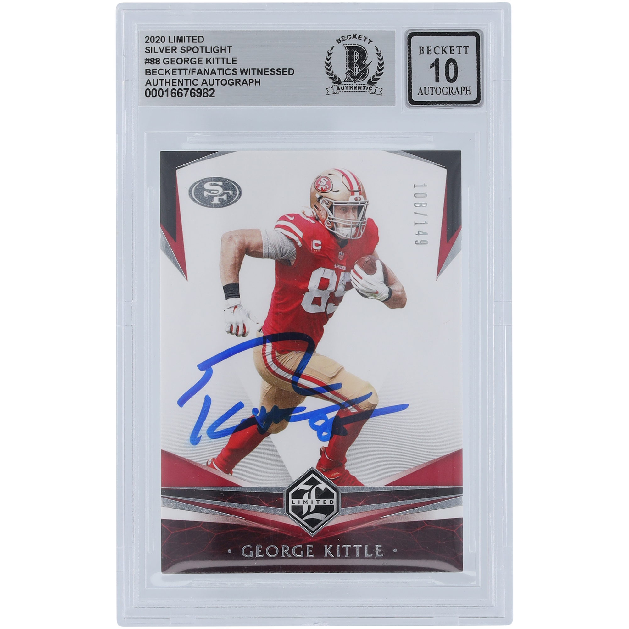 George Kittle San Francisco 49ers signiert 2020 Panini Limited Silver Spotlight #88 #/149 Beckett Fanatics bezeugt authentifiziert 10 Karte