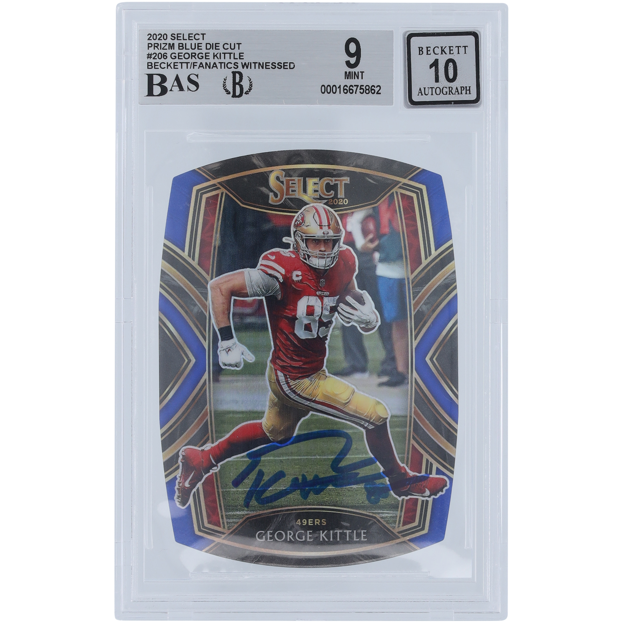 George Kittle San Francisco 49ers signierte 2020 Panini Select Blue Die Cut Prizm #206 Beckett Fanatics bezeugte authentifizierte 9/10 Karte