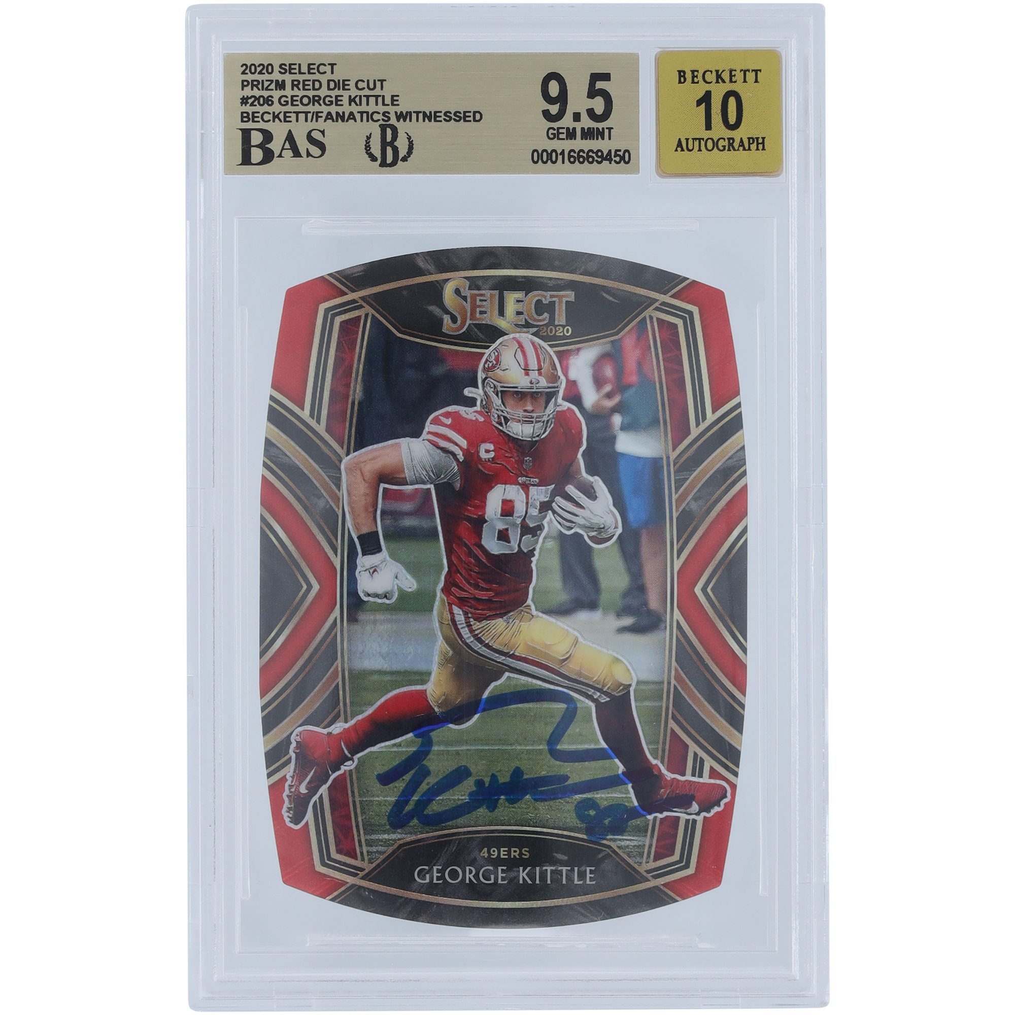 George Kittle San Francisco 49ers signierte 2020 Panini Select Red Die Cut Prizm #206 Beckett Fanatics Zeuge authentifizierte 9,5/10 Karte