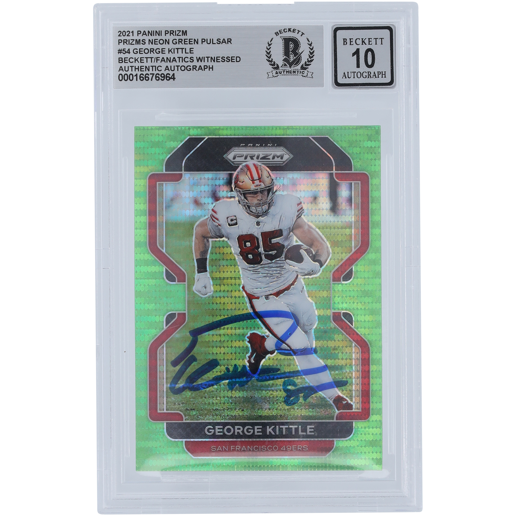 George Kittle San Francisco 49ers signiert 2021 Panini Prizm Neongrün Pulsar Prizm #54 Beckett Fanatics Zeuge authentifizierte 10er Karte