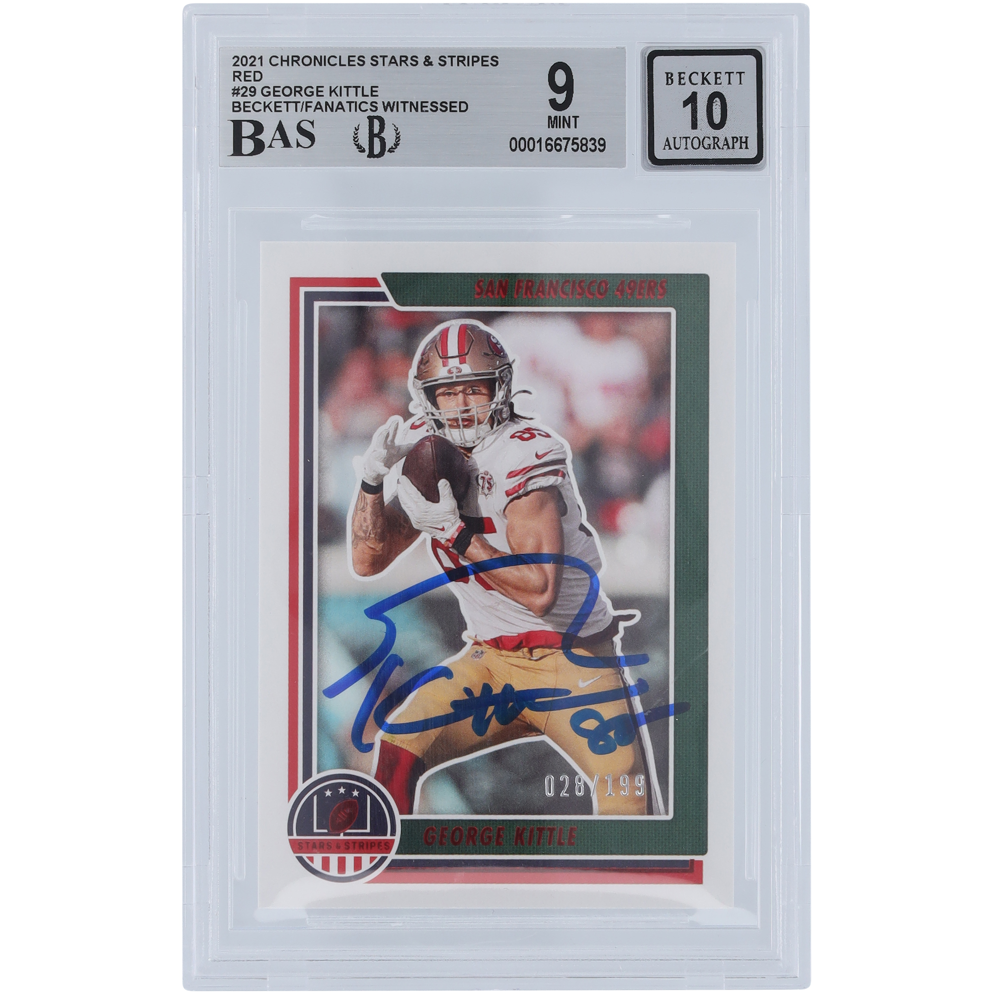 George Kittle San Francisco 49ers signiert 2021 Panini Chronicles Stars & Stripes Rot #STS-GKI #/199 Beckett Fanatics bezeugt authentifizierte 9/10 Karte