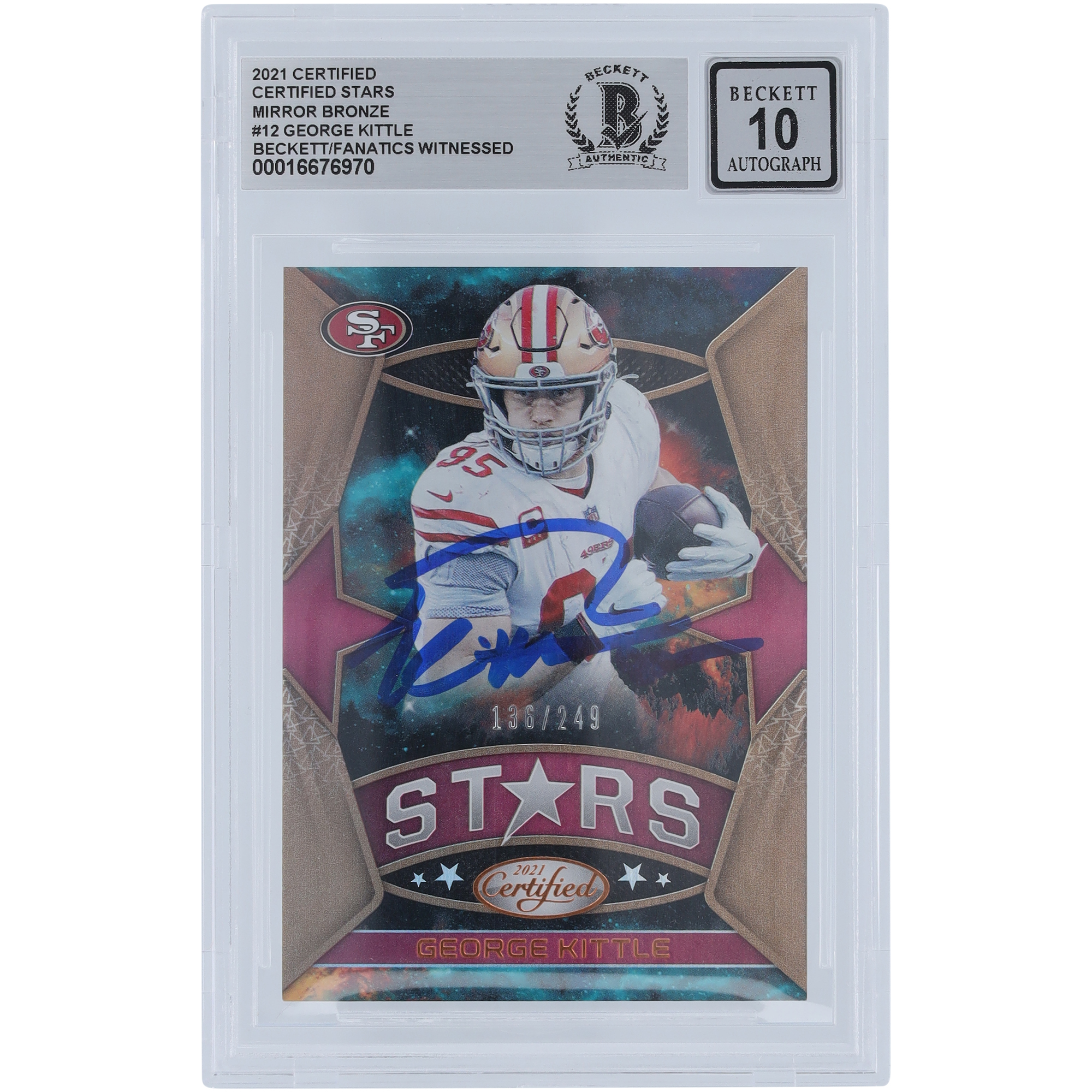 George Kittle San Francisco 49ers signiert 2021 Panini zertifizierte Stars Mirror Bronze #12 #/249 Beckett Fanatics bezeugt authentifiziert 10 Karte