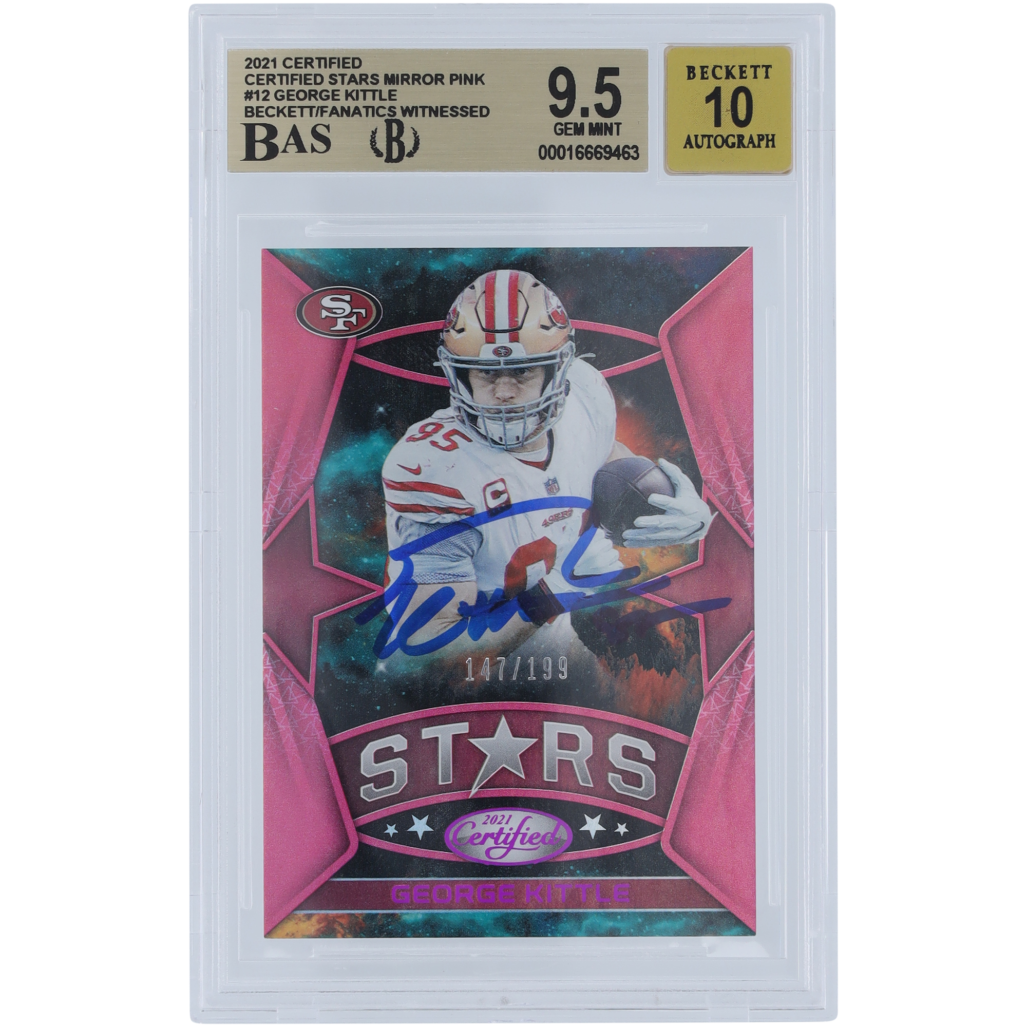 George Kittle San Francisco 49ers signierte 2021 Panini Certified Stars Mirror Pink #12 #/199 Beckett Fanatics bezeugte authentifizierte 9,5/10 Karte