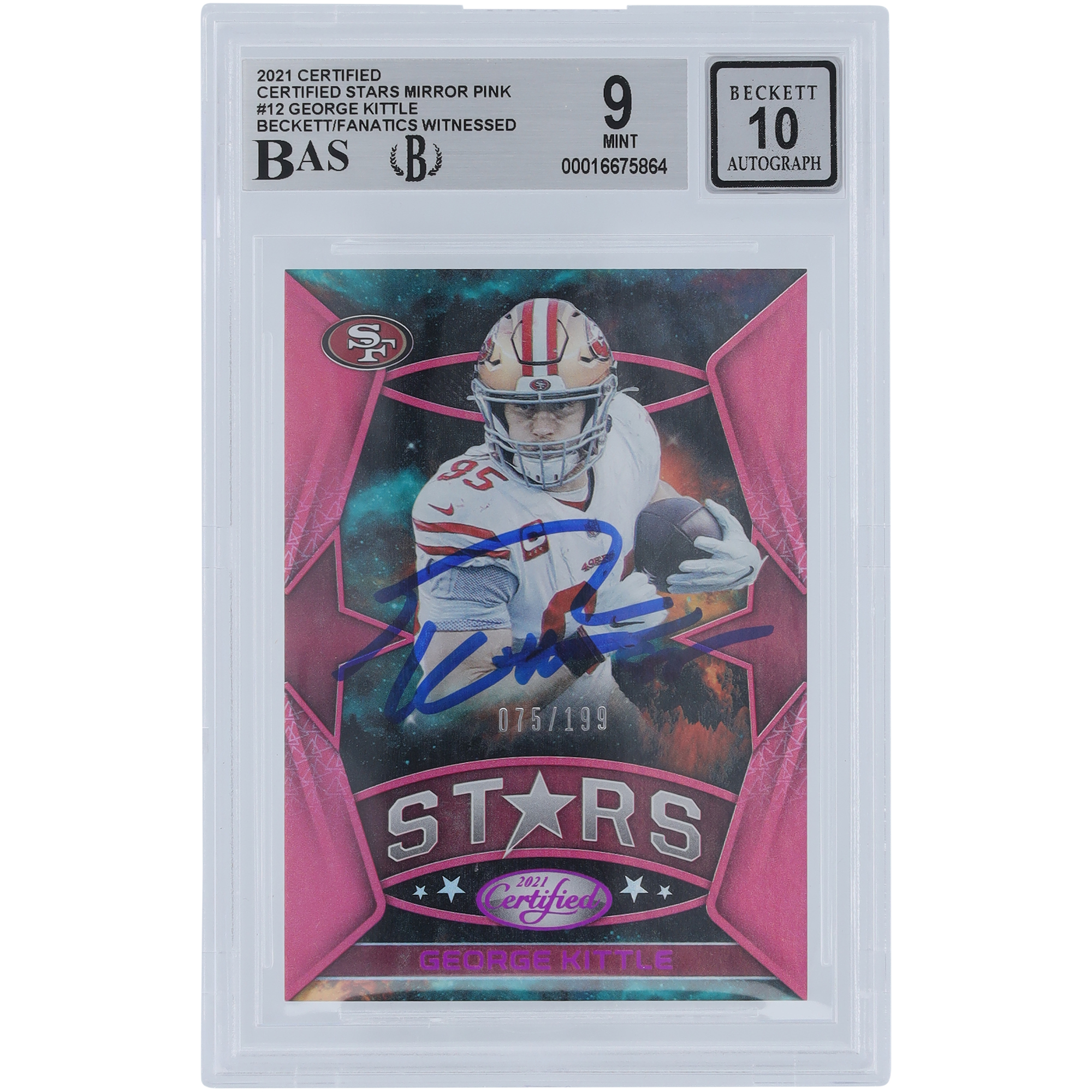 George Kittle San Francisco 49ers signiert 2021 Panini zertifizierte Stars Mirror Pink #12 #/199 Beckett Fanatics bezeugt authentifizierte 9/10 Karte