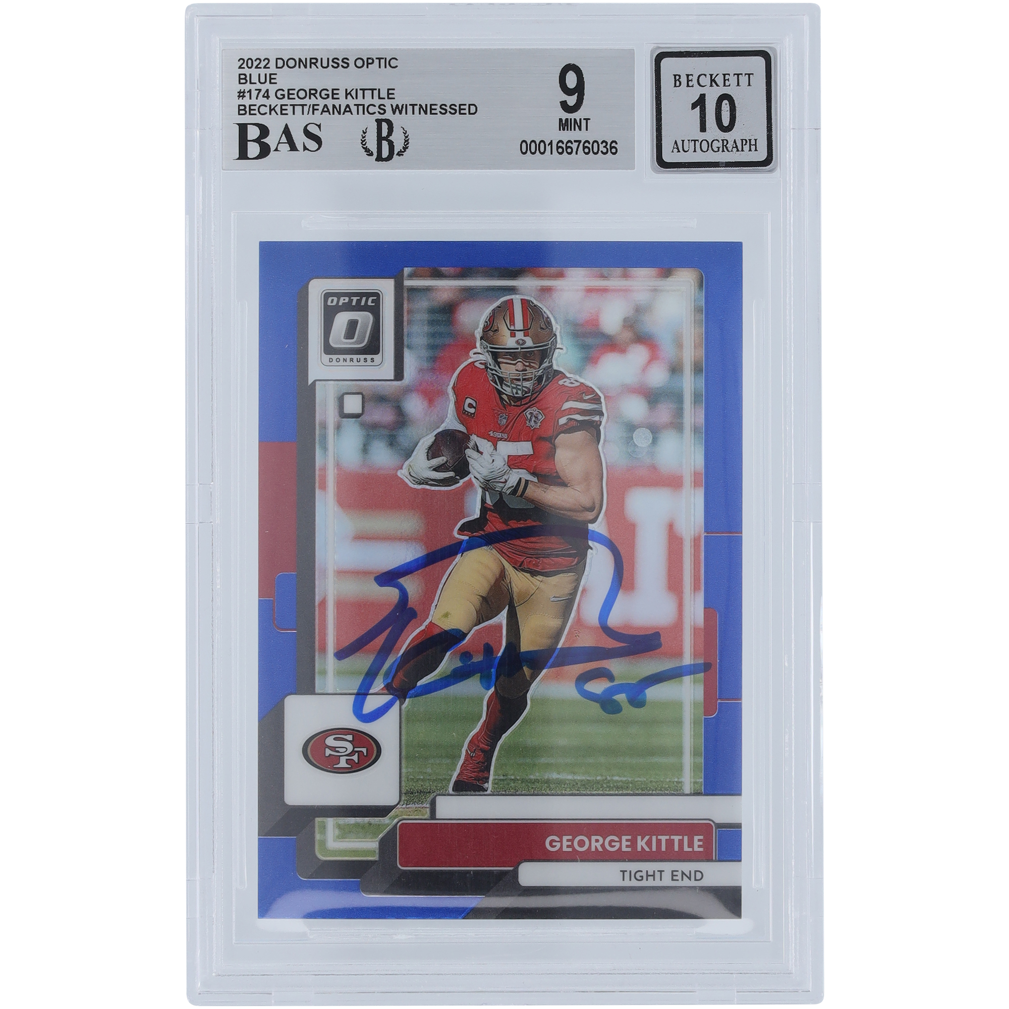 George Kittle San Francisco 49ers signiert 2022 Panini Donruss Optic Blue #174 #/179 Beckett Fanatics bezeugt authentifiziert 9/10 Karte