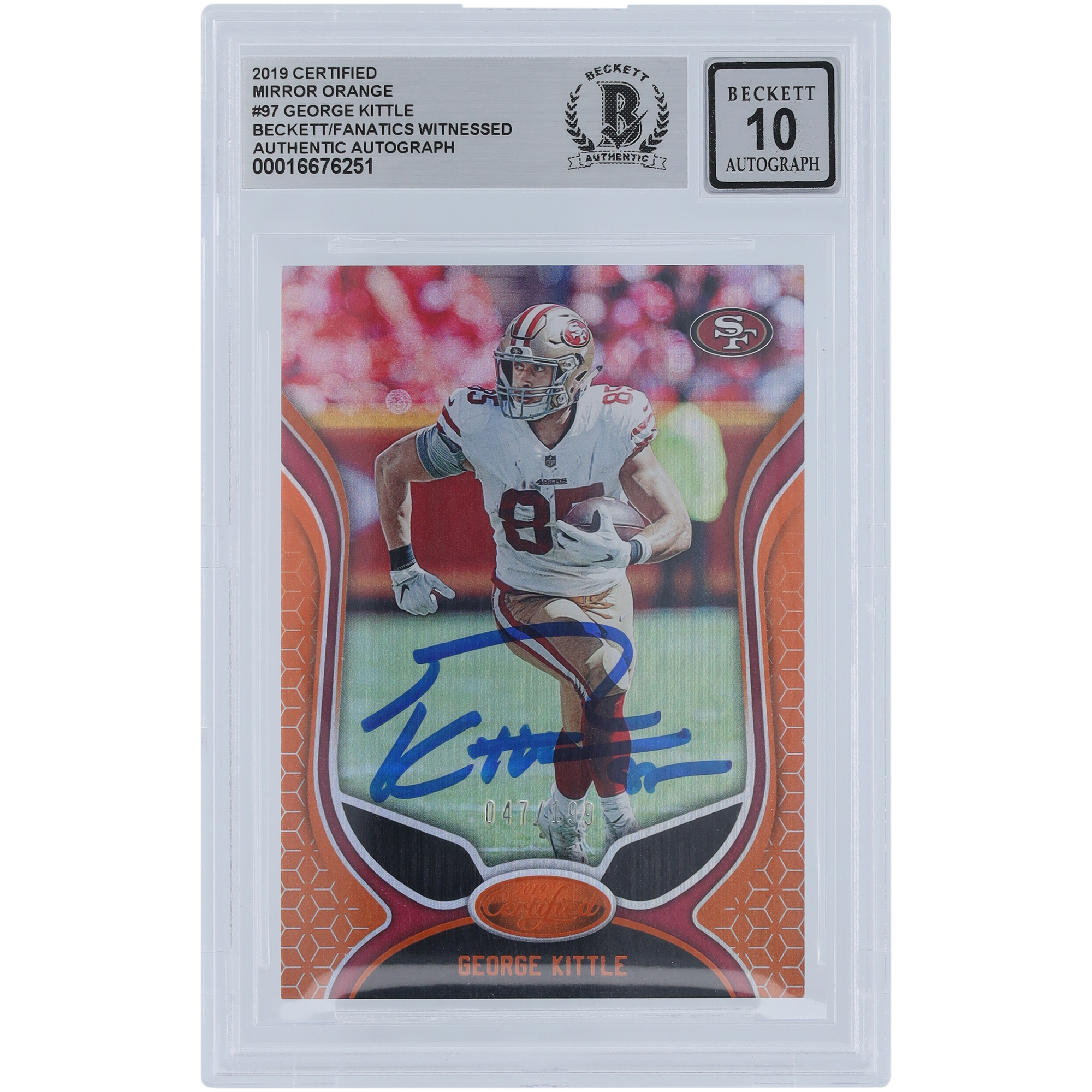 George Kittle, San Francisco 49ers, signiert, 2019, Panini-zertifiziert, Mirror Orange, Nr. 97, Nr. 199, Beckett Fanatics, bezeugt, authentifiziert, 10 Karten