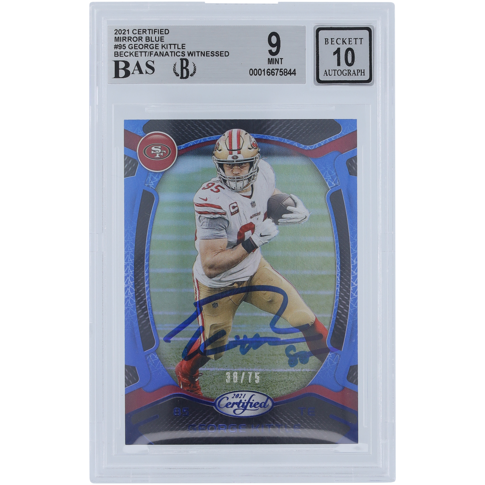 George Kittle San Francisco 49ers signiert 2021 Panini zertifiziert Mirror Blue #95 #/75 Beckett Fanatics bezeugt authentifiziert 9/10 Karte