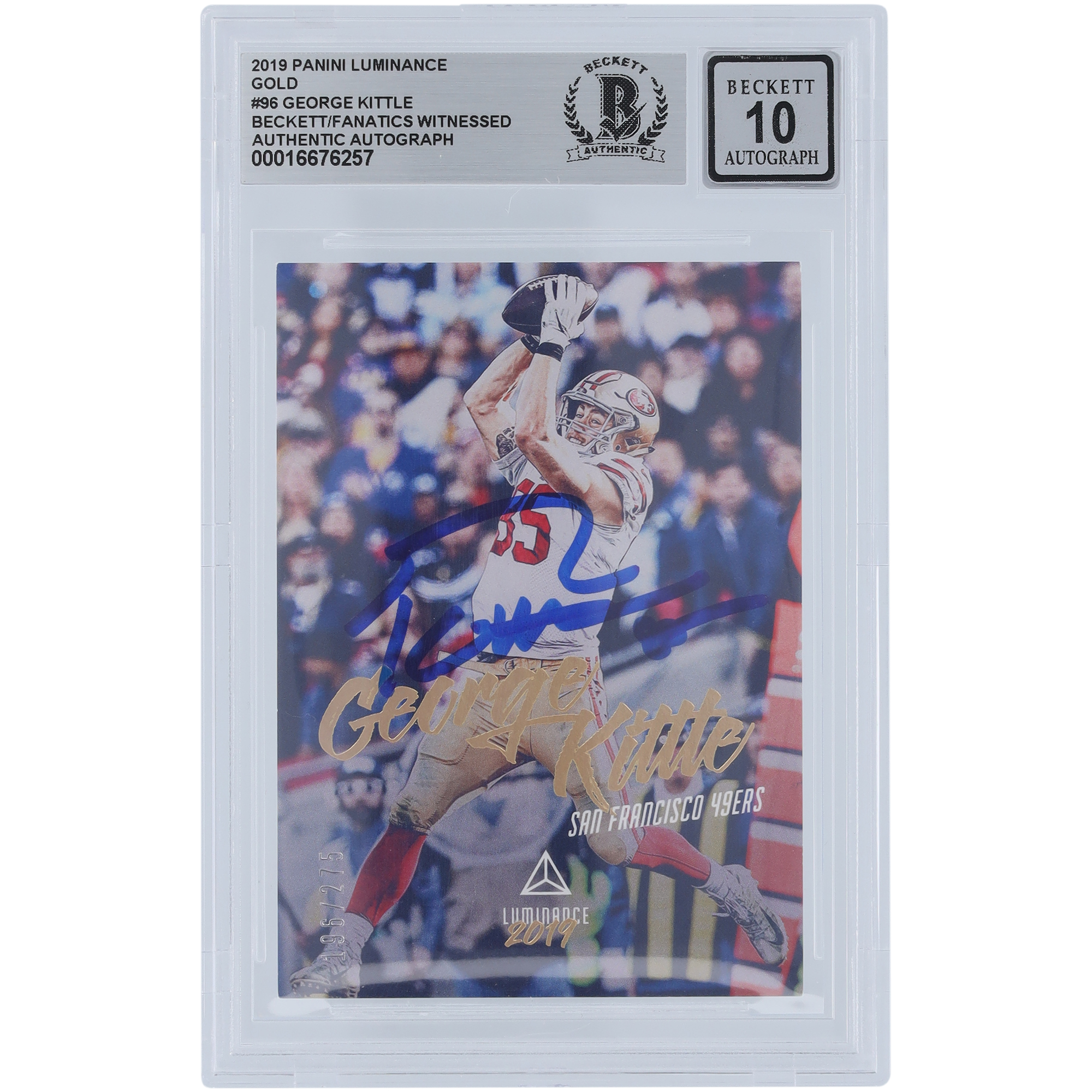 George Kittle San Francisco 49ers signiert 2019 Panini Luminance Gold #96 #/275 Beckett Fanatics bezeugt authentifiziert 10 Karte