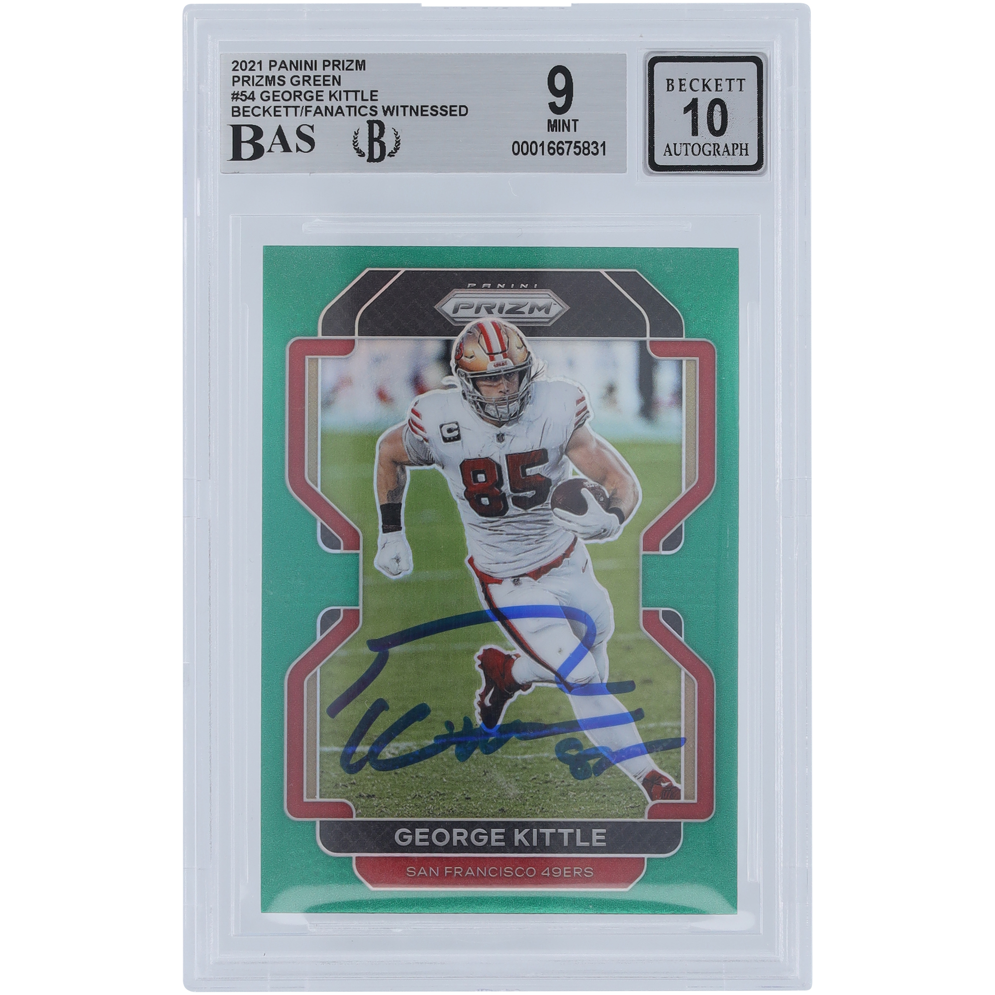 George Kittle San Francisco 49ers signierte 2021 Panini Prizm Green Prizm #54 Beckett Fanatics bezeugte authentifizierte 9/10 Karte