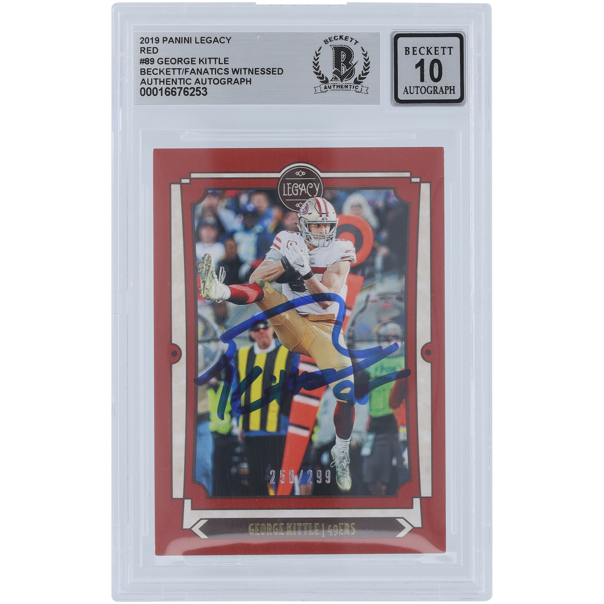 George Kittle San Francisco 49ers signiert 2019 Panini Legacy Red #89 #/299 Beckett Fanatics bezeugt authentifiziert 10 Karte