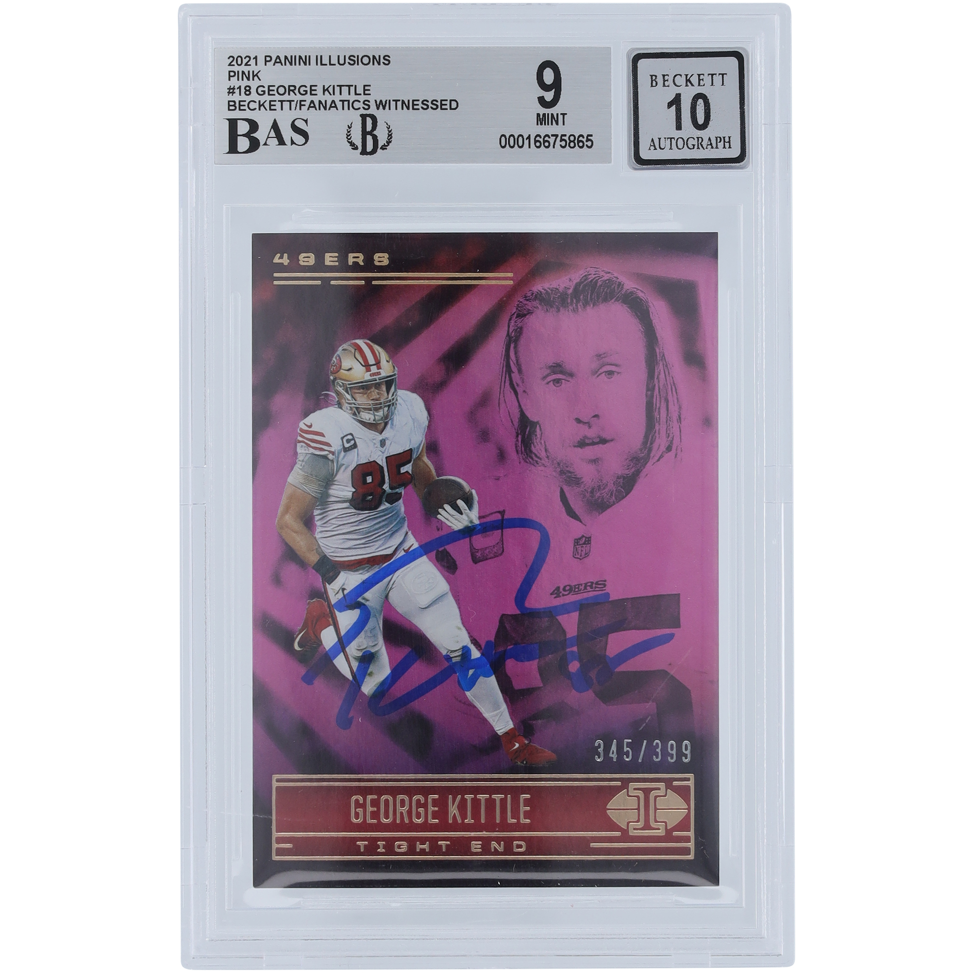 George Kittle San Francisco 49ers signiert 2021 Panini Illusions Pink #18 #/399 Beckett Fanatics Zeuge authentifizierte 9/10 Karte