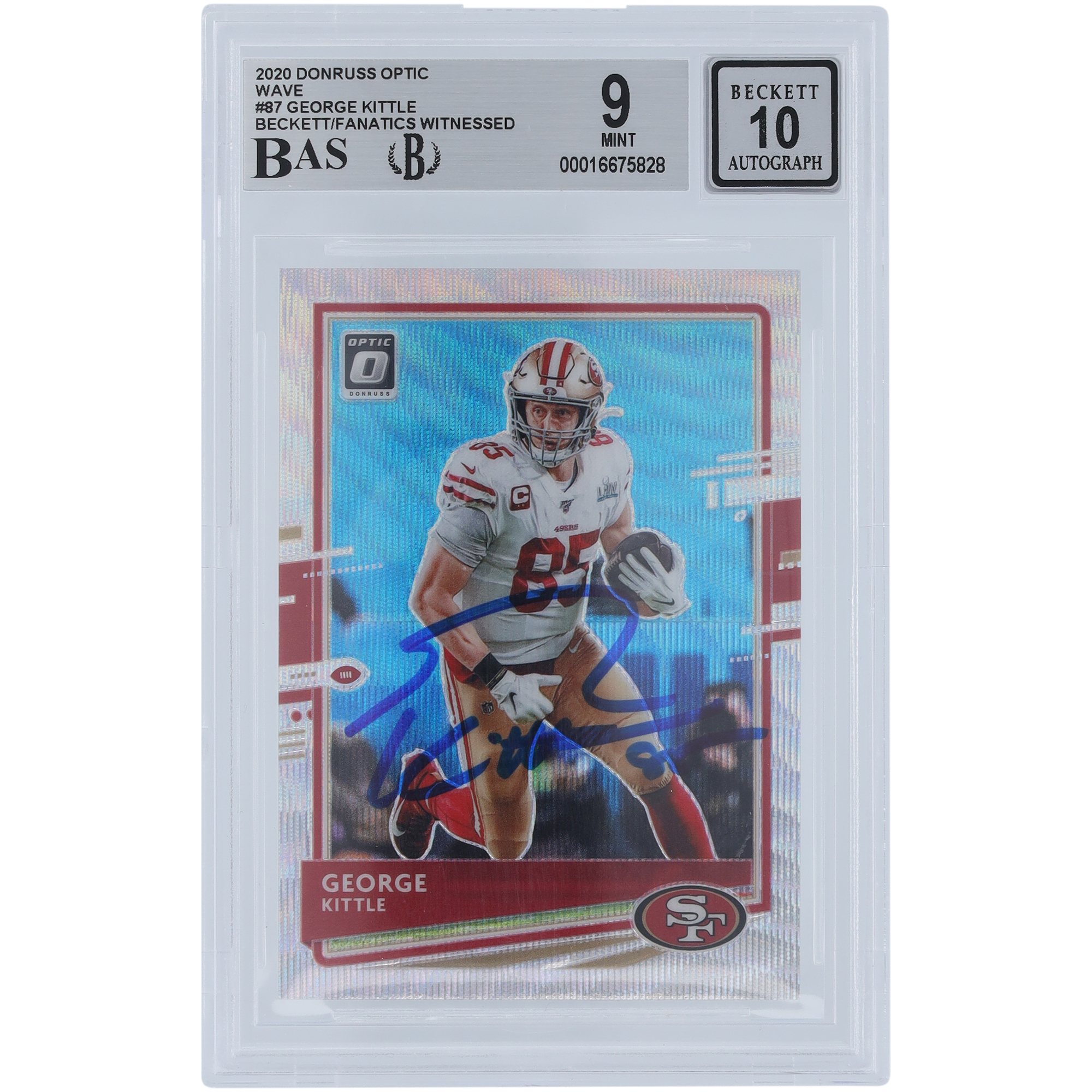 George Kittle San Francisco 49ers signierte 2020 Panini Donruss Optic Wave #87 #/199 Beckett Fanatics bezeugte authentifizierte 9/10 Karte