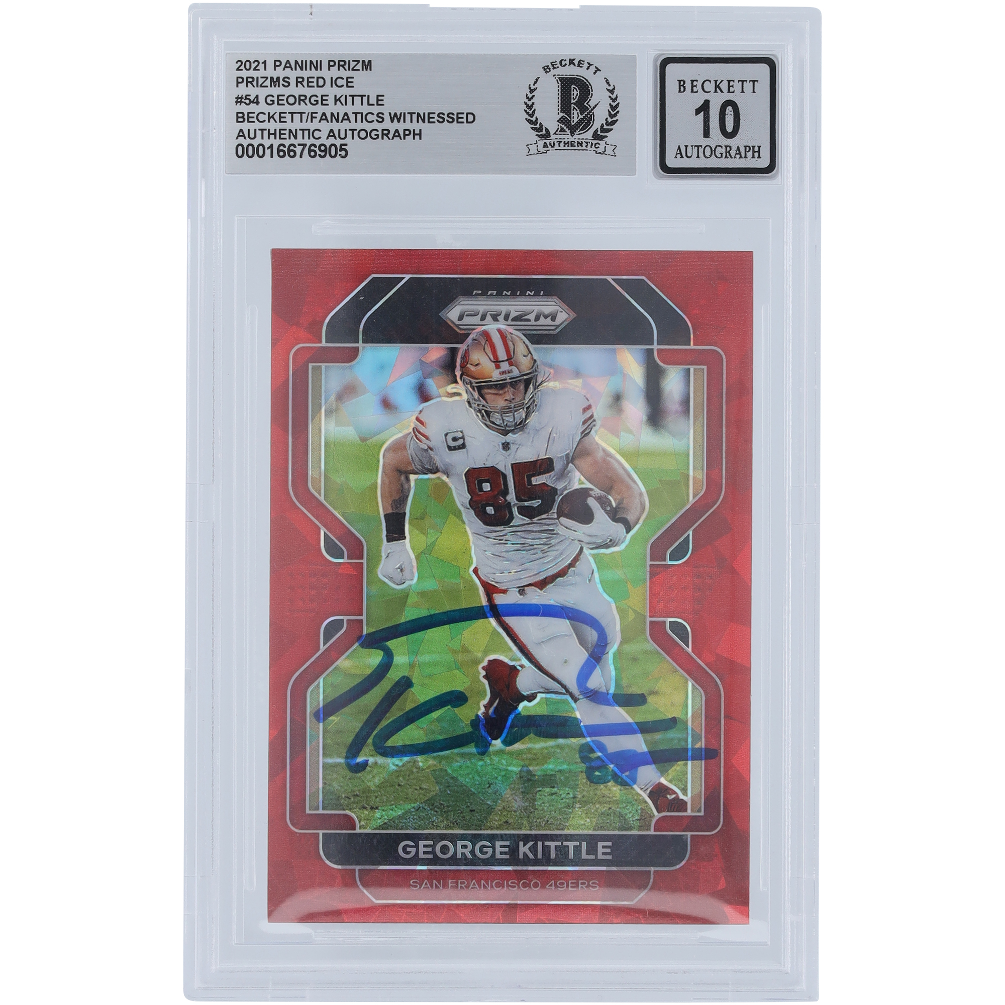 George Kittle San Francisco 49ers signiert 2021 Panini Prizm Red Ice Prizm #54 Beckett Fanatics Zeuge authentifiziert 10 Karte