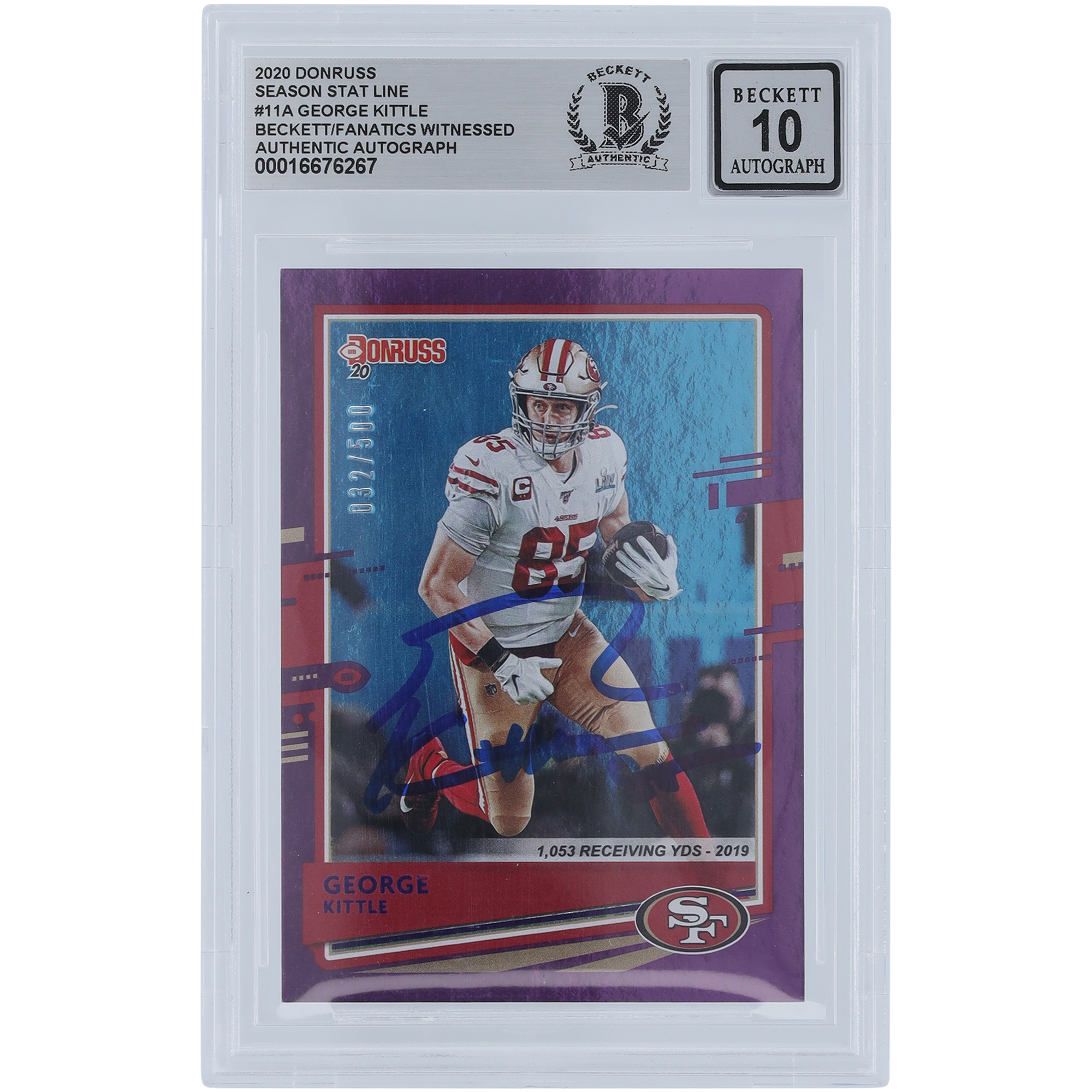 George Kittle, San Francisco 49ers, signiert, 2020, Panini, Donruss, Saisonstatistik, Nr. 11, Nr./500, Beckett Fanatics, bezeugt, authentifiziert, 10er-Karte