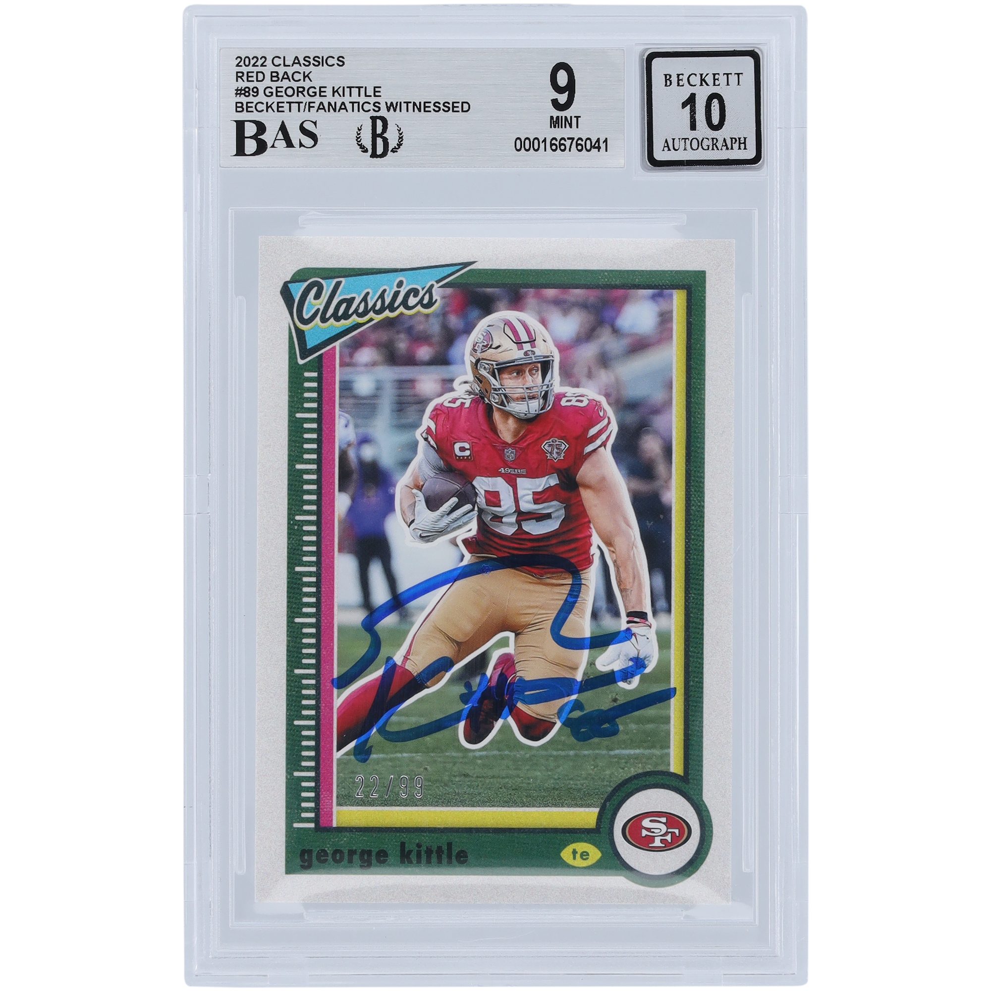 George Kittle San Francisco 49ers signierte 2022 Panini Classics Red Back #89 #/99 Beckett Fanatics bezeugte authentifizierte 9/10 Karte