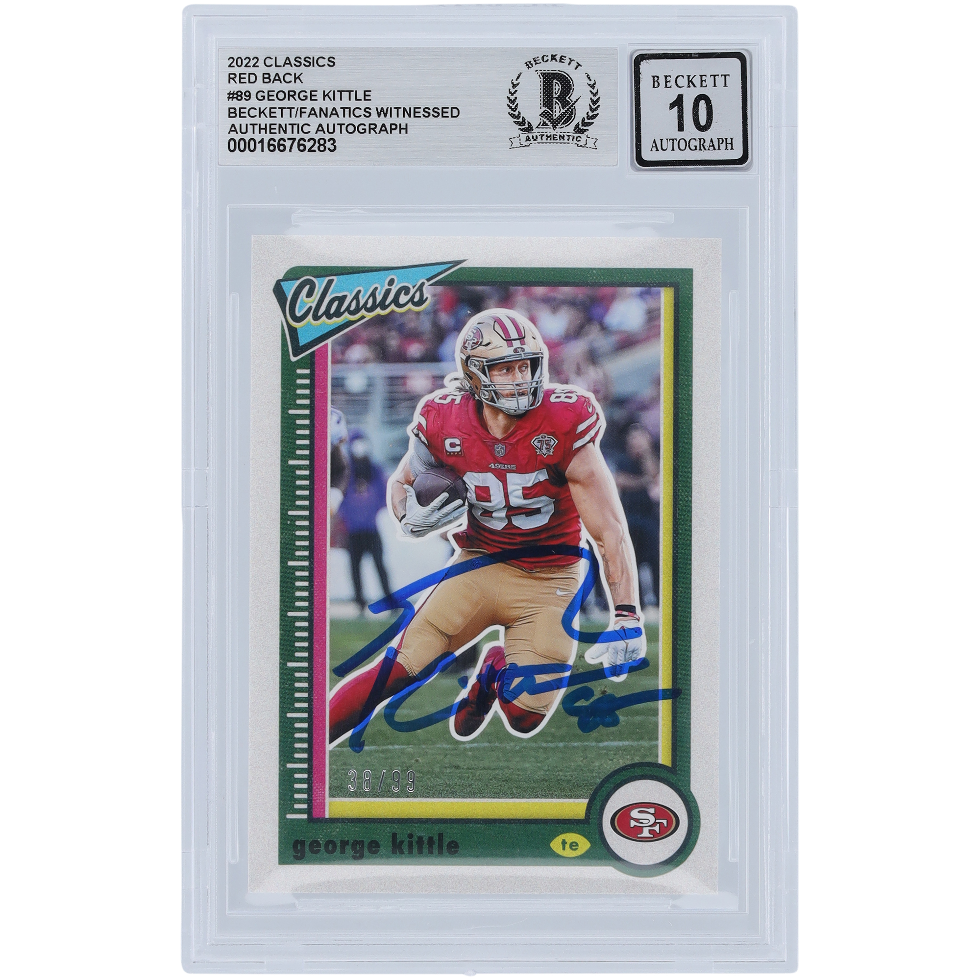 George Kittle San Francisco 49ers signiert 2022 Panini Classics Red Back #89 #/99 Beckett Fanatics bezeugt authentifiziert 10 Karte