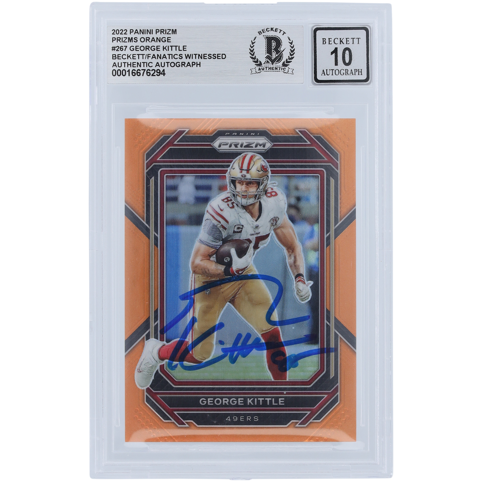 George Kittle San Francisco 49ers signiert 2022 Panini Prizm Orange Prizm #267 #/249 Beckett Fanatics bezeugt authentifiziert 10 Karte