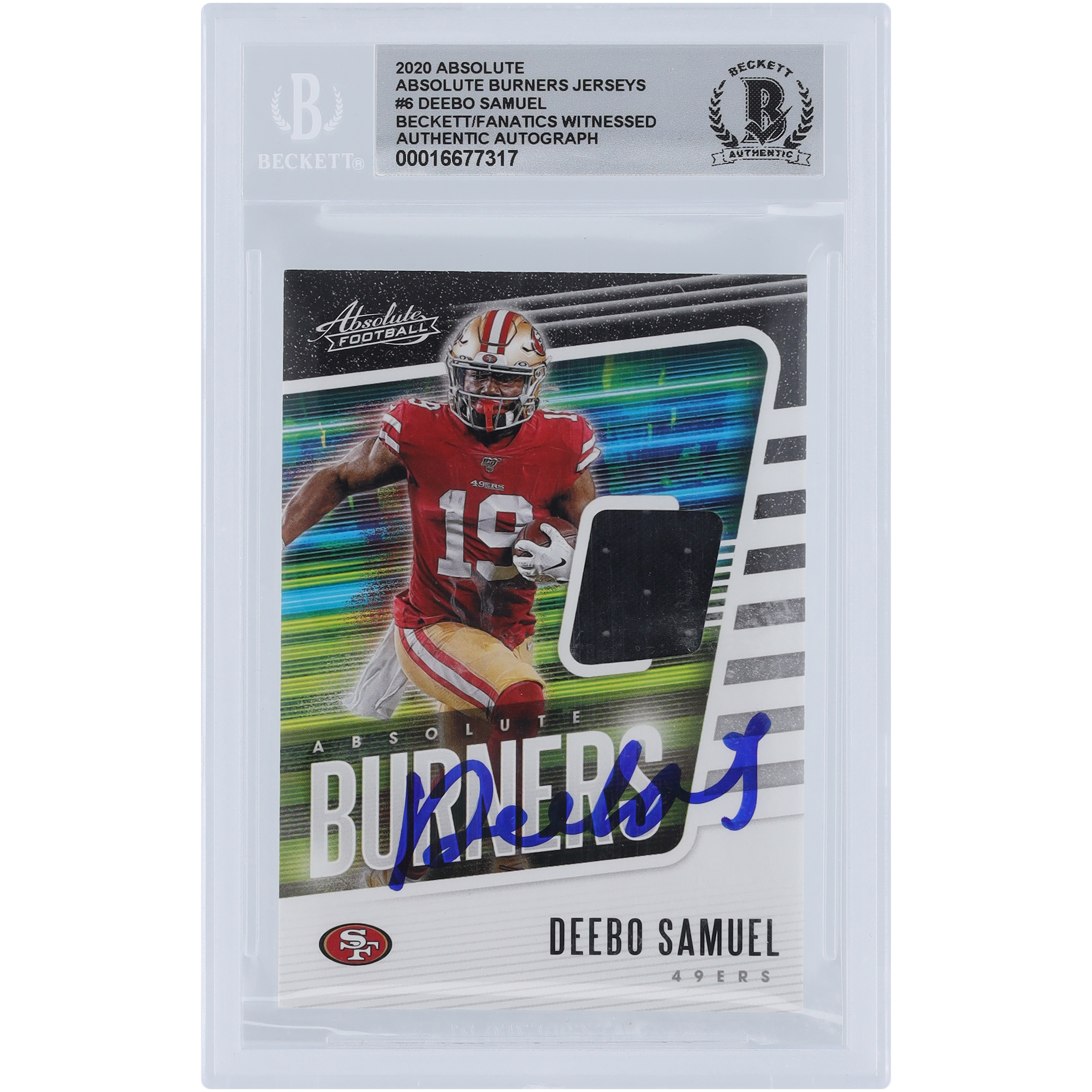 Deebo Samuel Sr San Francisco 49ers signierte 2020 Panini Absolute Burner Trikots Black Relic #6 Beckett Fanatics bezeugte authentifizierte 10er Karte