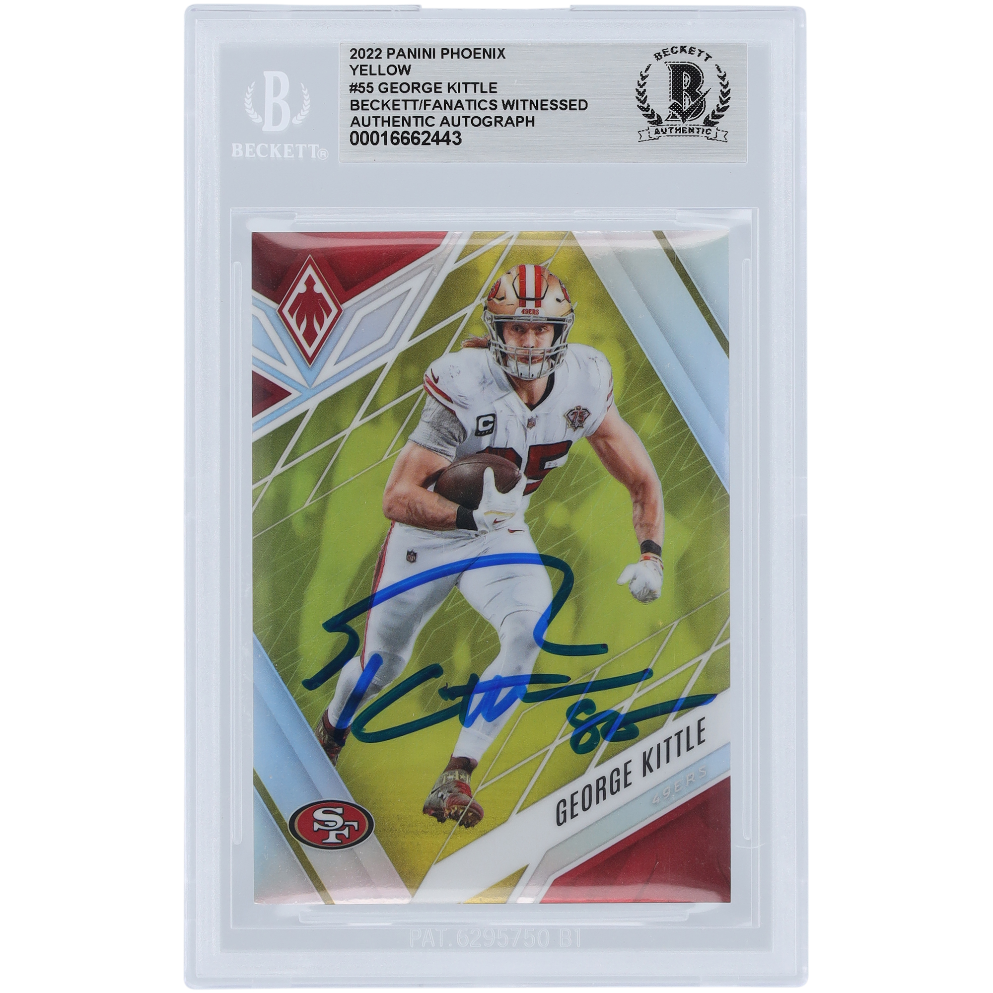 George Kittle San Francisco 49ers signierte 2022 Panini Phoenix Yellow #55 #/75 Beckett Fanatics bezeugte authentifizierte Karte