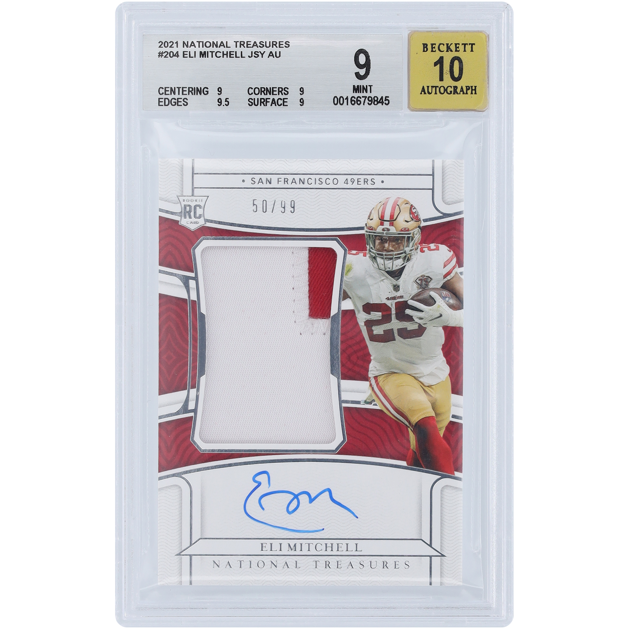 Elijah Mitchell San Francisco 49ers signierte 2021 Panini National Treasures Dual-Color Patch Relic #204 #50/99 BGS authentifizierte 9/10 Rookie-Karte – 9,9,9,5,9 Unterklassen