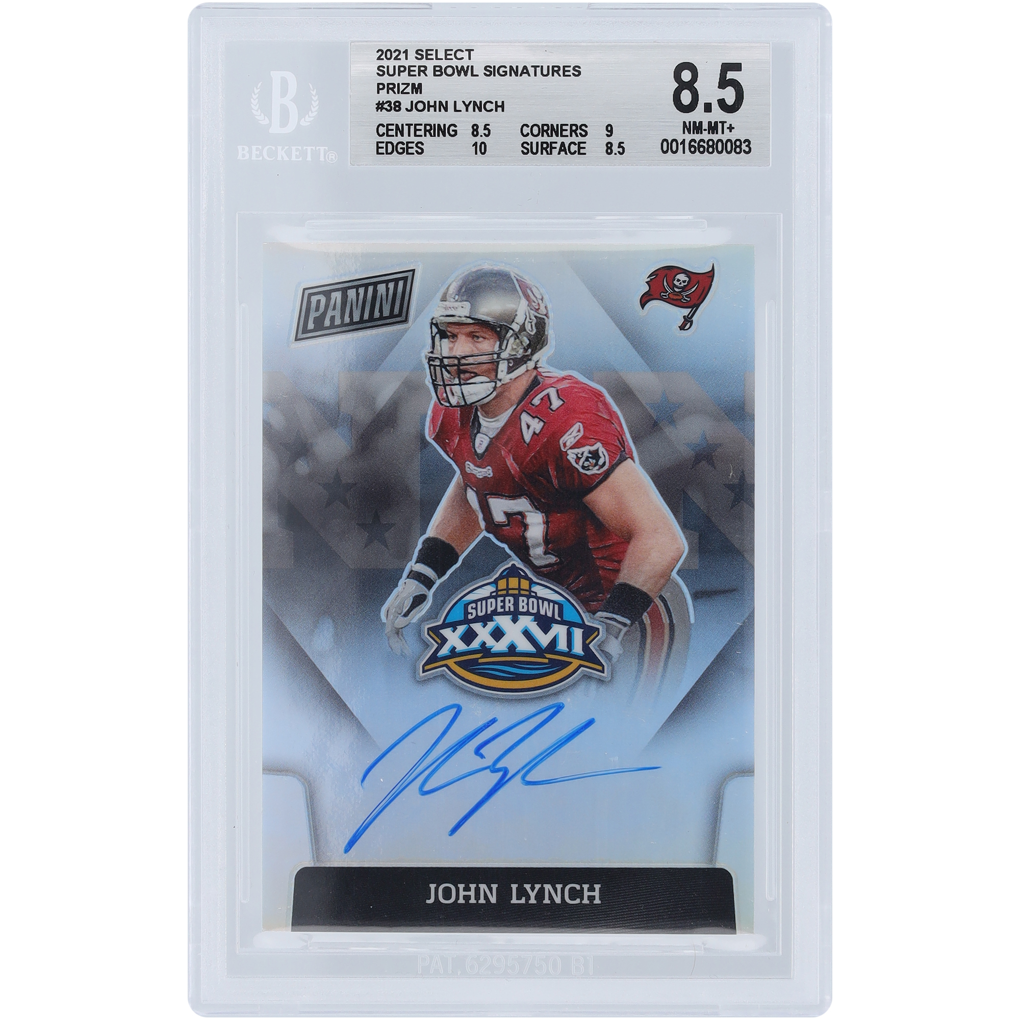 John Lynch Tampa Bay Buccaneers signierte 2021 Panini Select Super Bowl #SBXXXVII-JL BGS authentifizierte 8,5-Karte – 8,5, 9, 10, 8,5 Unterklassen