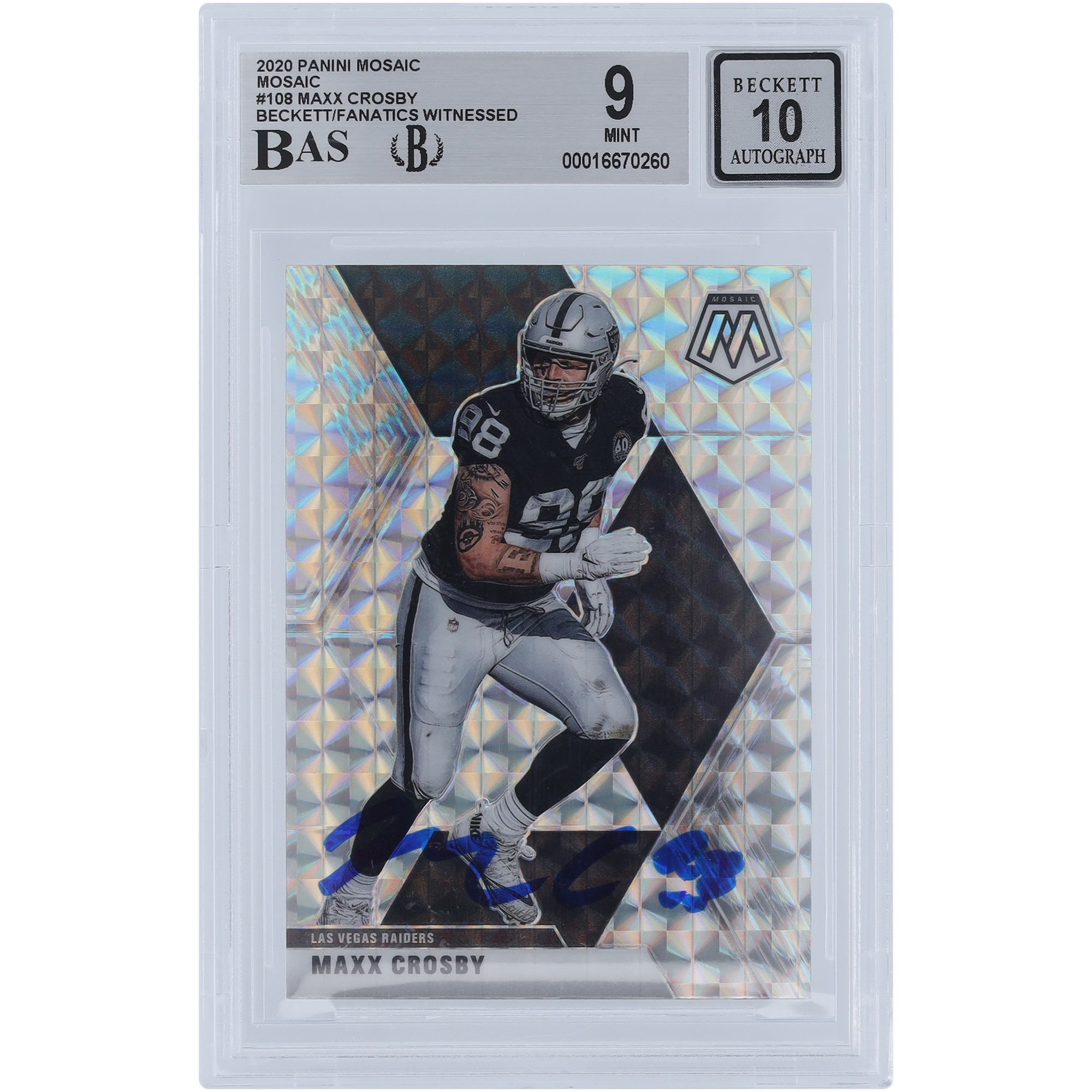 Maxx Crosby Las Vegas Raiders signierte 2020 Panini Mosaic Prizm #108 Beckett Fanatics bezeugte authentifizierte 9/10 Karte