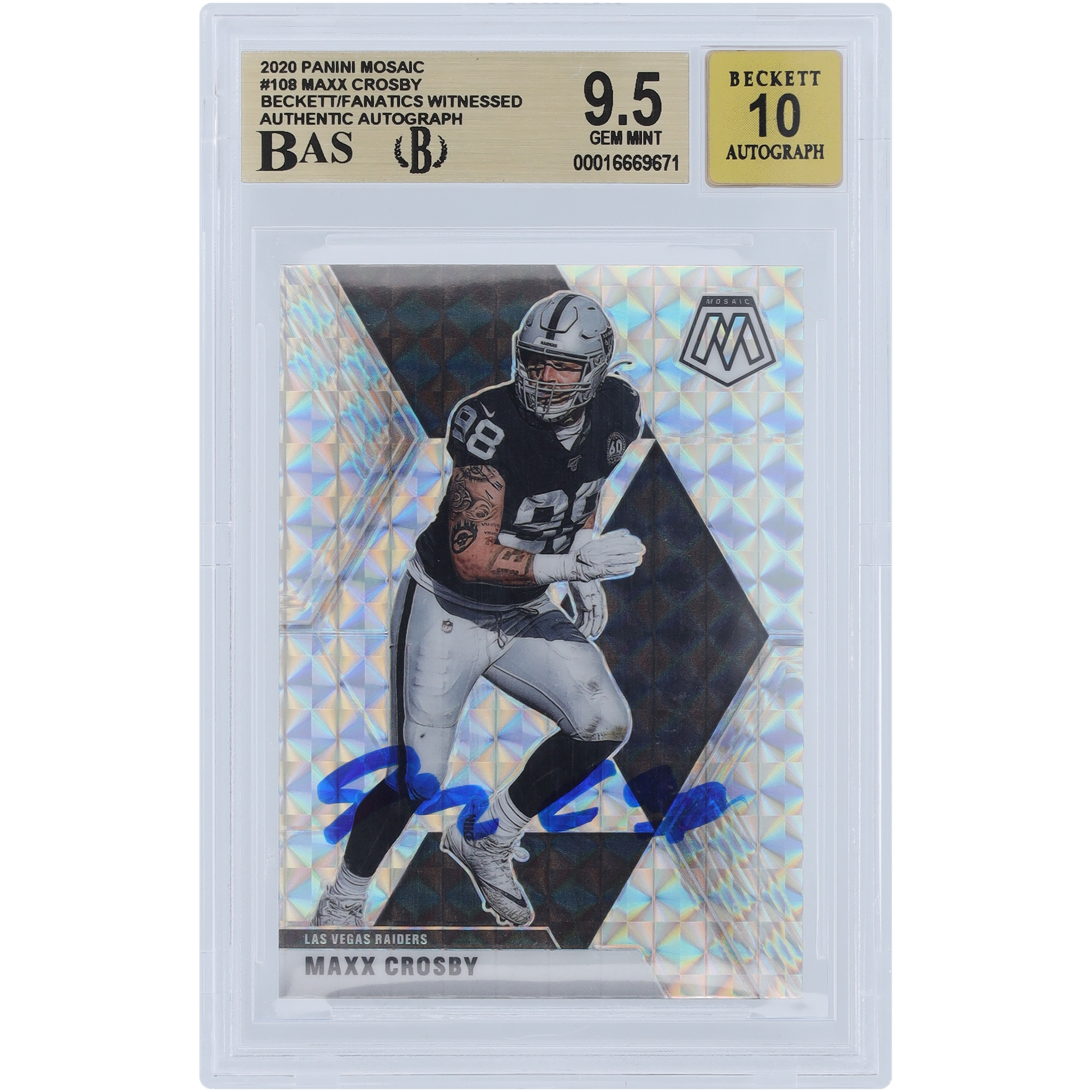 Maxx Crosby Las Vegas Raiders signierte 2020 Panini Mosaic Prizm #108 Beckett Fanatics bezeugte authentifizierte 9,5/10 Karte