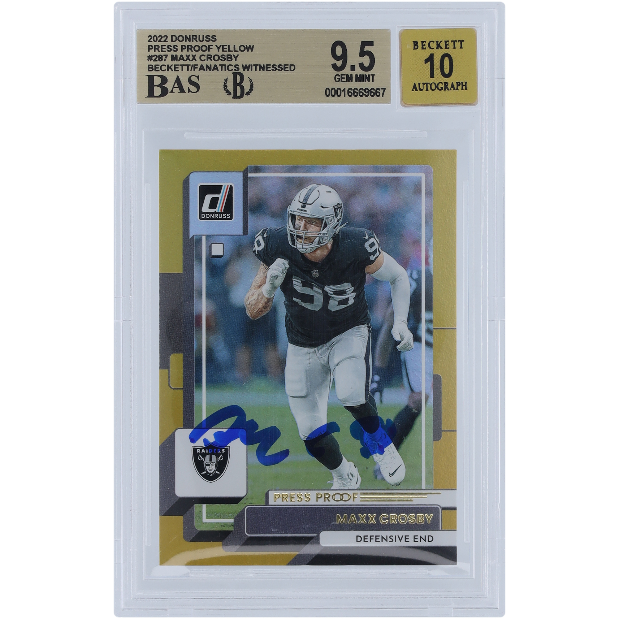 Maxx Crosby Las Vegas Raiders signierte 2022 Panini Donruss Press Proof Gelb #287 Beckett Fanatics Zeuge authentifizierte 9,5/10 Karte