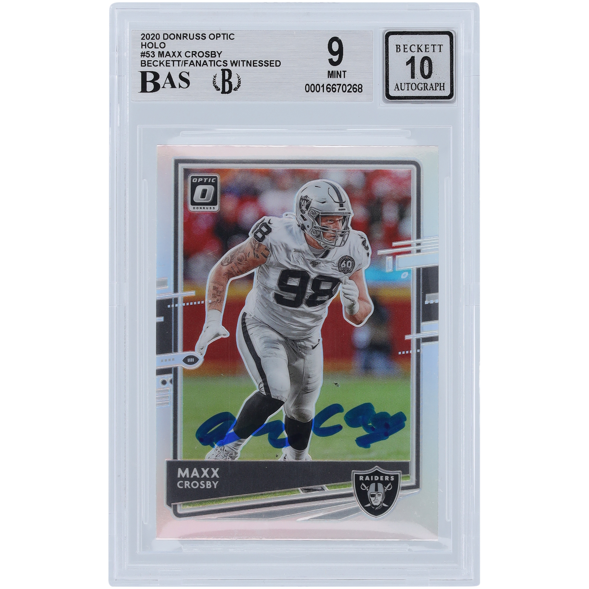 Maxx Crosby Las Vegas Raiders signierte 2020 Panini Donruss Optic Holo #53 Beckett Fanatics bezeugte authentifizierte 9/10 Karte