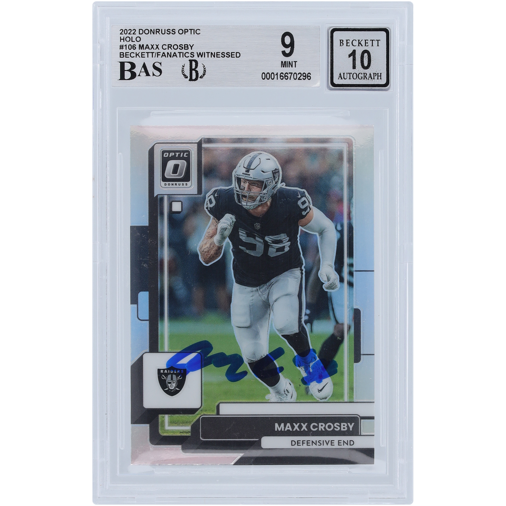 Maxx Crosby Las Vegas Raiders signierte 2022 Panini Donruss Optic Holo #106 Beckett Fanatics bezeugte authentifizierte 9/10 Karte