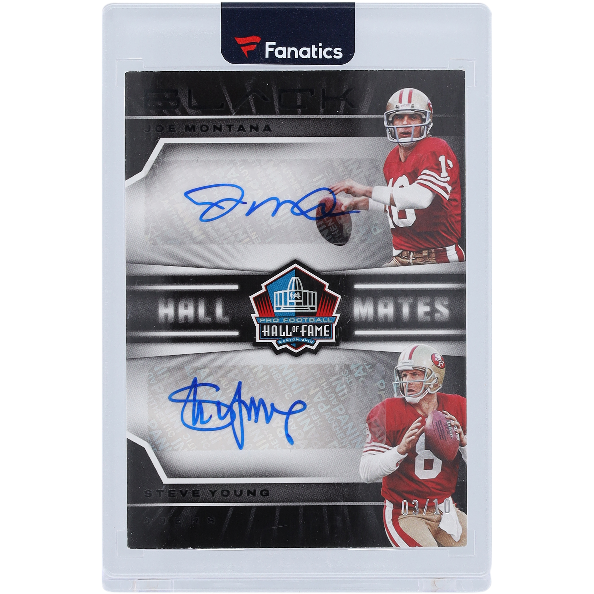 Joe Montana & Steve Young San Francisco 49ers signierte 2023 Panini Black Hall Mates #HM-JMSY #3/10 Karte