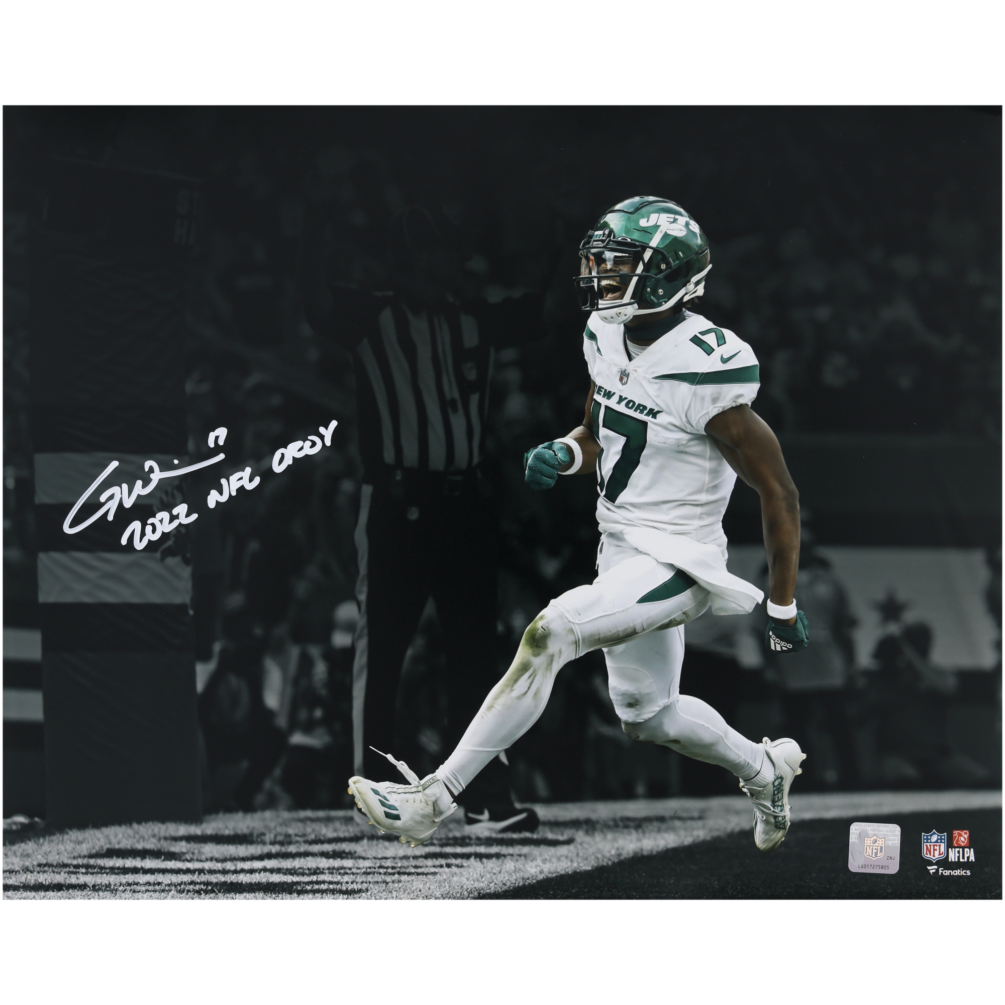 Von Garrett Wilson signiertes 16 x 20 Zoll großes Spotlight-Foto der New York Jets mit der Aufschrift „2022 NFL OROY“