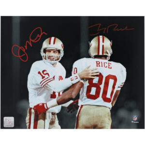 Joe Montana & Jerry Rice San Francisco 49ers Autogrammfoto nebeneinander , 11 x 35,6 cm, Spotlight-Foto – in Rot signiert