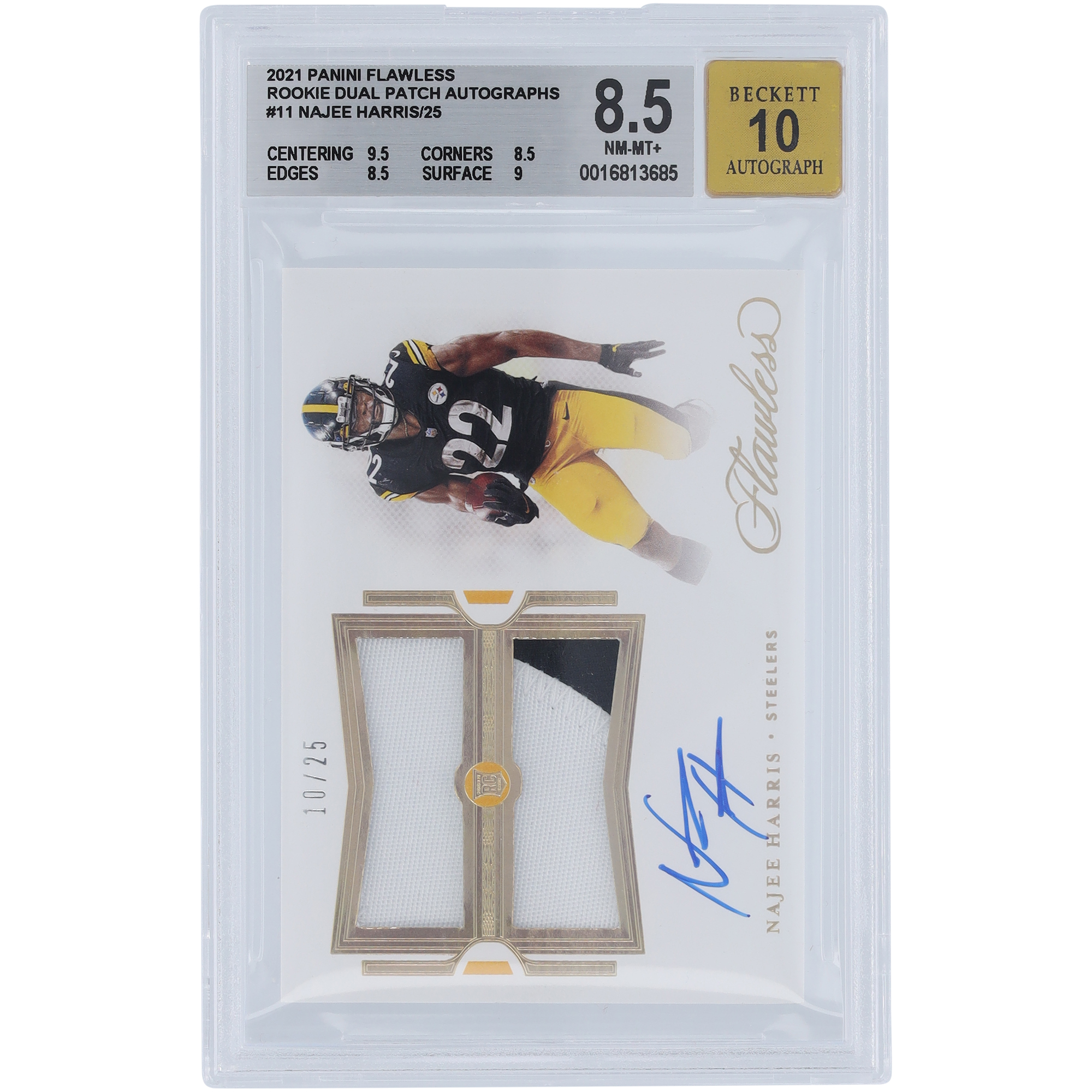 Najee Harris Pittsburgh Steelers signierte 2021 Panini Flawless Dual Relic #RDPA-NHA #10/25 BGS authentifizierte 8,5/10 Rookie-Karte – 9,5,8,5,8,5,9 Untergrades