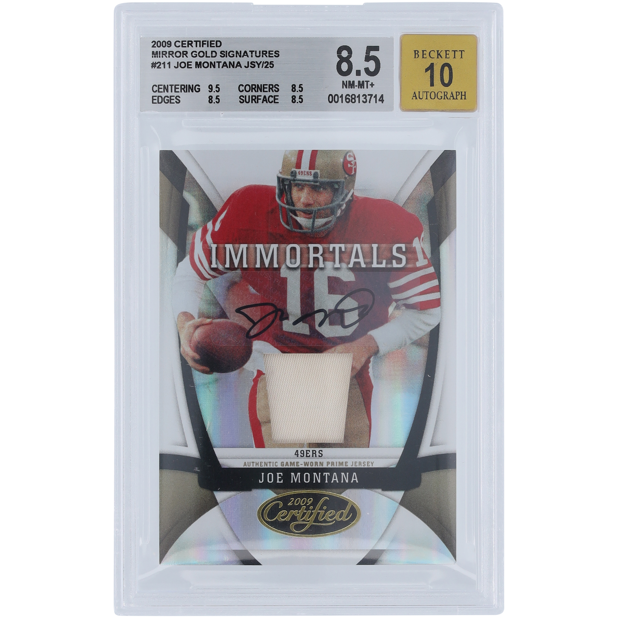 Joe Montana San Francisco 49ers signierte 2009 Panini Certified Immortals Relic #211 #24/25 BGS authentifizierte 8,5/10 Karte – 9,8,5,8,5,8,5 Unterklassen