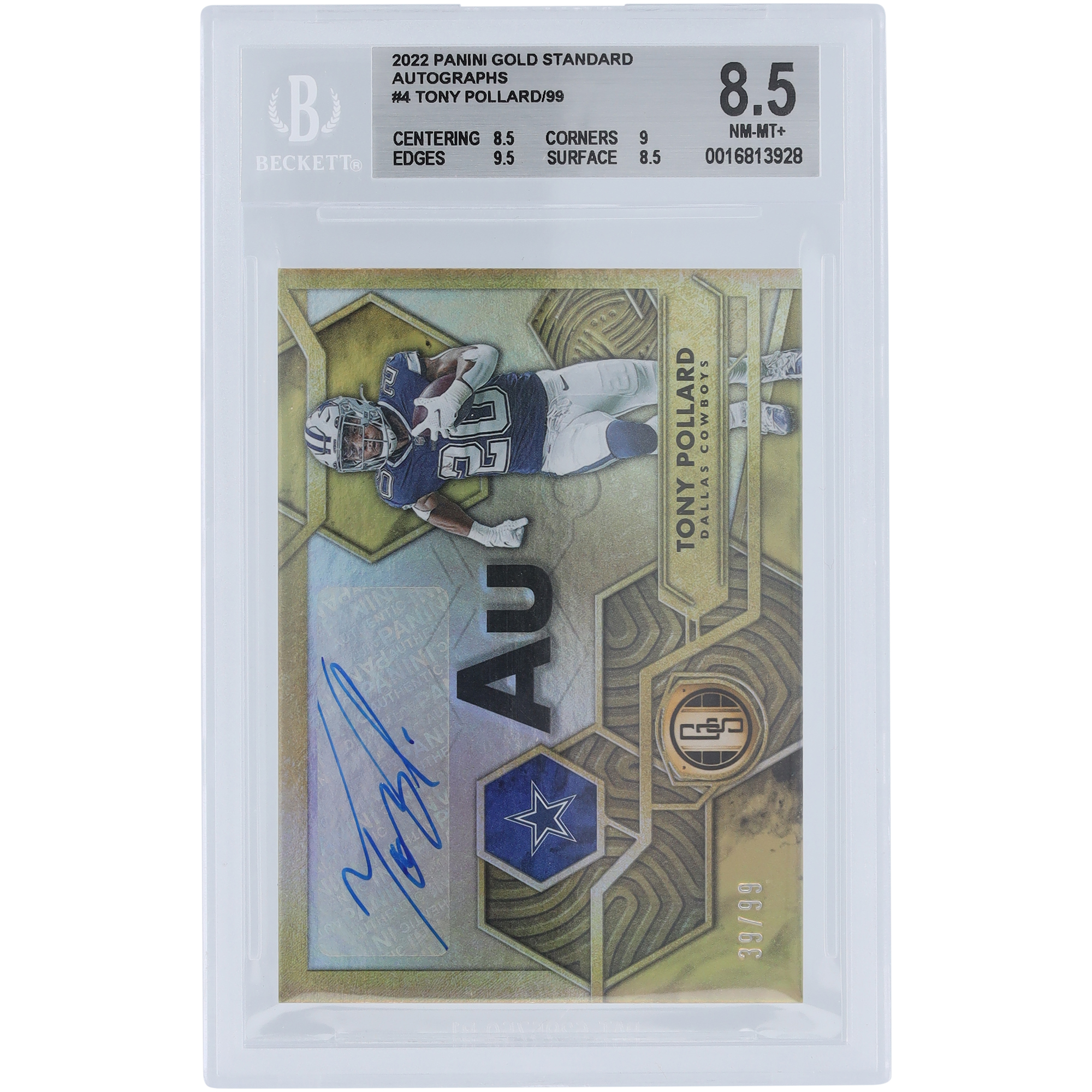 Tony Pollard Dallas Cowboys signiert 2022 Panini Gold Standard #AU-TPO #39/99 BGS authentifizierte 8,5-Karte – 8,5,9,9,5,8,5 Unterklassen