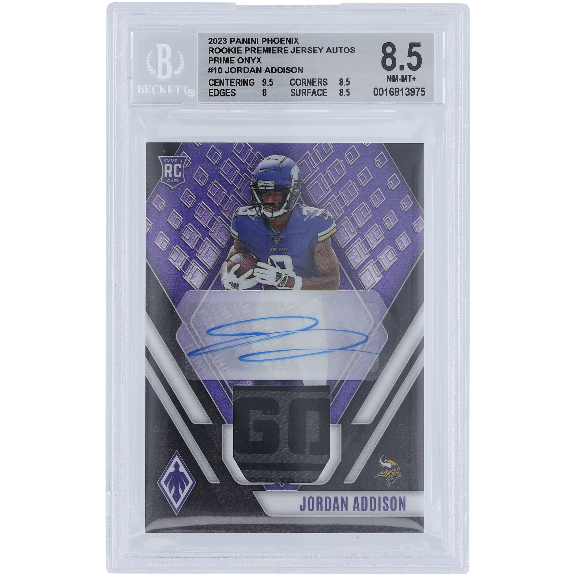 Jordan Addison Minnesota Vikings signiert 2023 Panini Phoenix Laundry Tag Relic #RAJ-JA #5/5 BGS authentifizierte 8.5 Rookie-Karte – 9.5,8.5,8,8.5 Subgrades