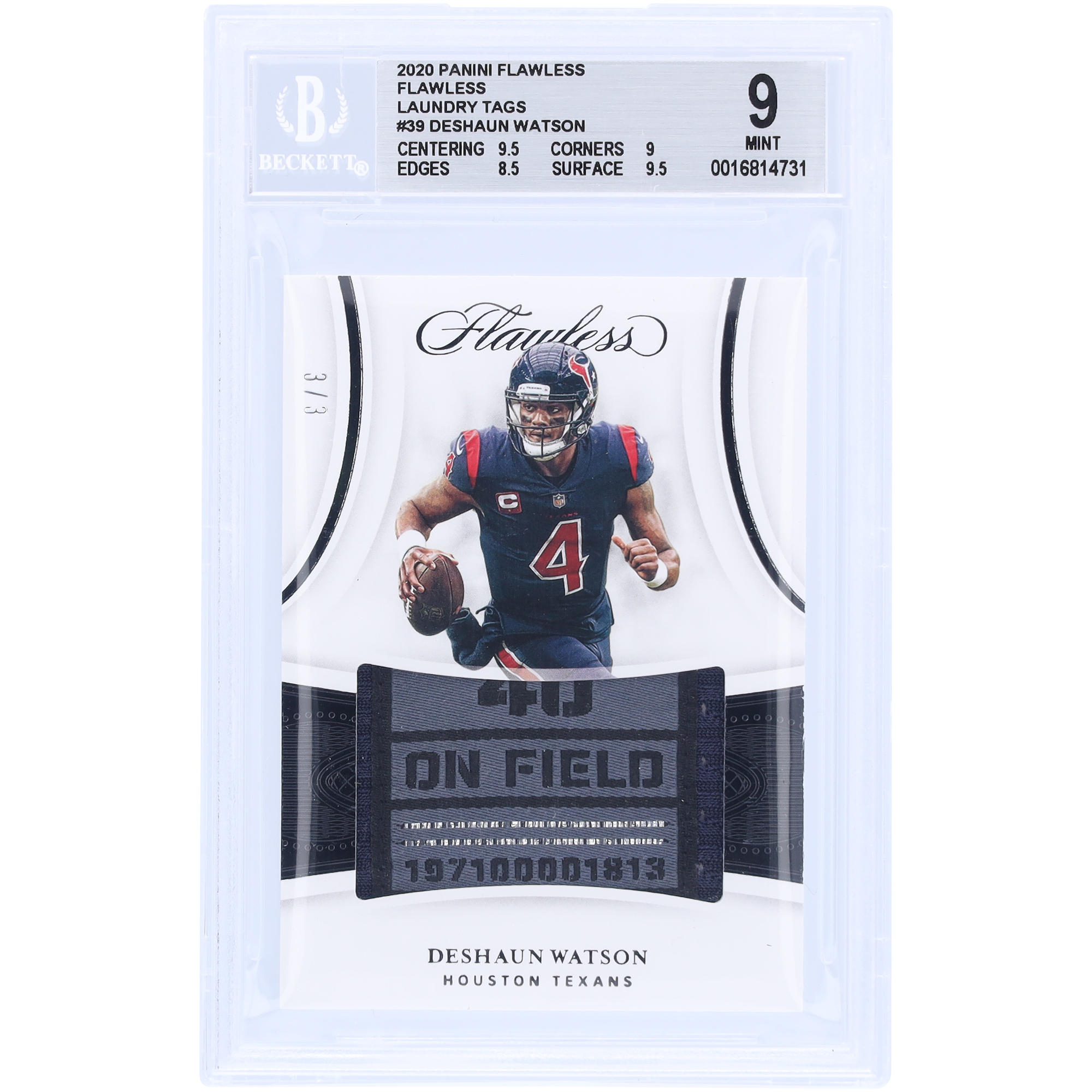 Deshaun Watson, Houston Texans, 2020, Panini Flawless Laundry Tag Relic, #SSL-DWA, #3/3, authentifizierte BGS-9-Karte – 9,5, 9, 8,5, 9,5 Unterklassen