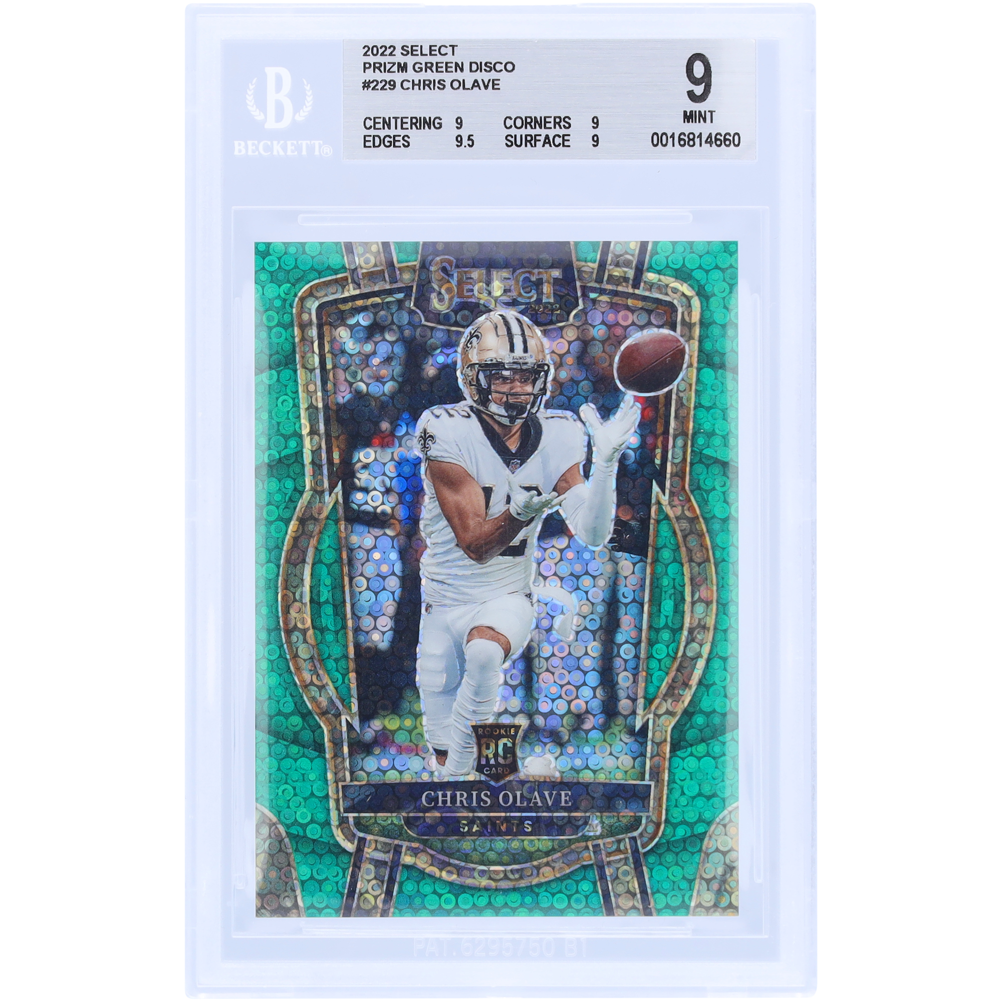 Chris Olave New Orleans Saints 2022 Panini Select Green Disco #229 #3/5 BGS authentifizierte 9 Rookie-Karte – 9,9,9,5,9 Unterklassen