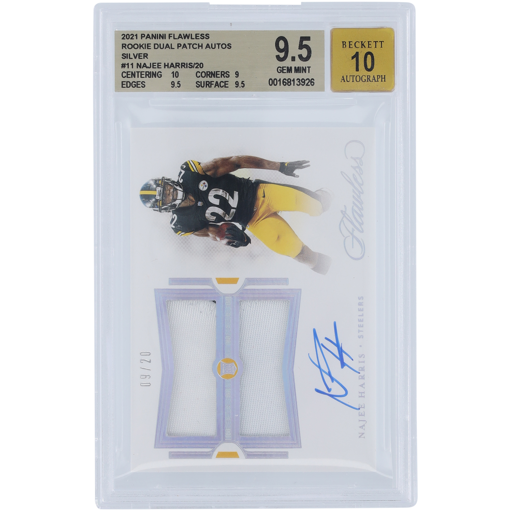 Najee Harris Pittsburgh Steelers signierte 2021 Panini Flawless Dual Relic #RDPA-NHA #9/20 BGS authentifizierte 9,5/10 Rookie-Karte – 10,9,9,5,9,5 Untergrades