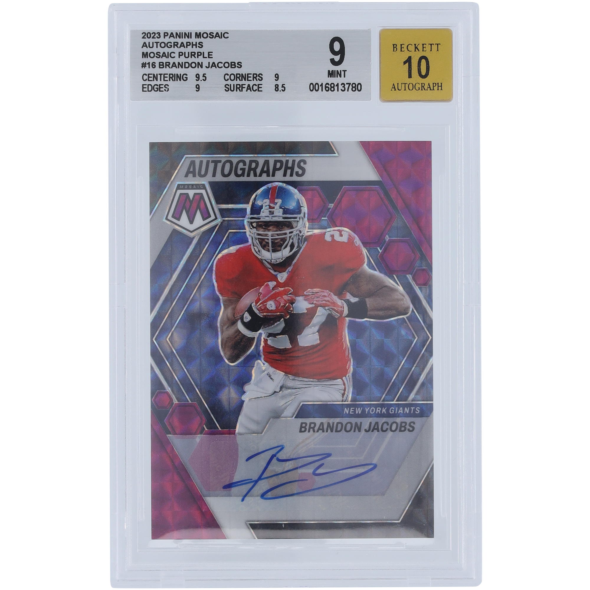 Brandon Jacobs New York Giants Autogrammkarte 2023 Panini Mosaic Mosaic Purple #AM-BJ #44/49 BGS authentifizierte 9/10 Karte – 9,5,9,9,8,5 Unterklassen