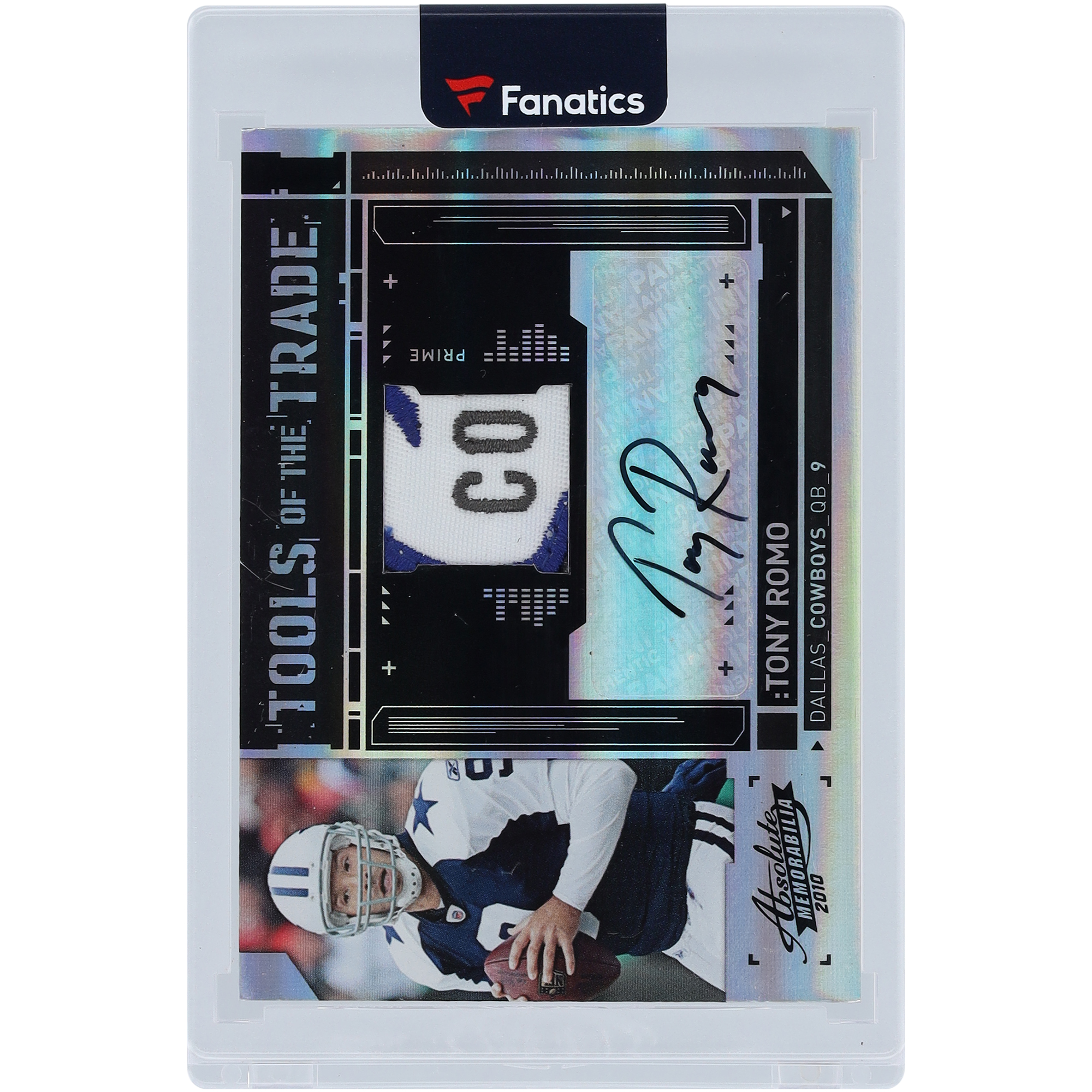 Tony Romo Dallas Cowboys signierte 2010 Panini Absolute Memorabilia Logo Relic #8 #8/10 Karte