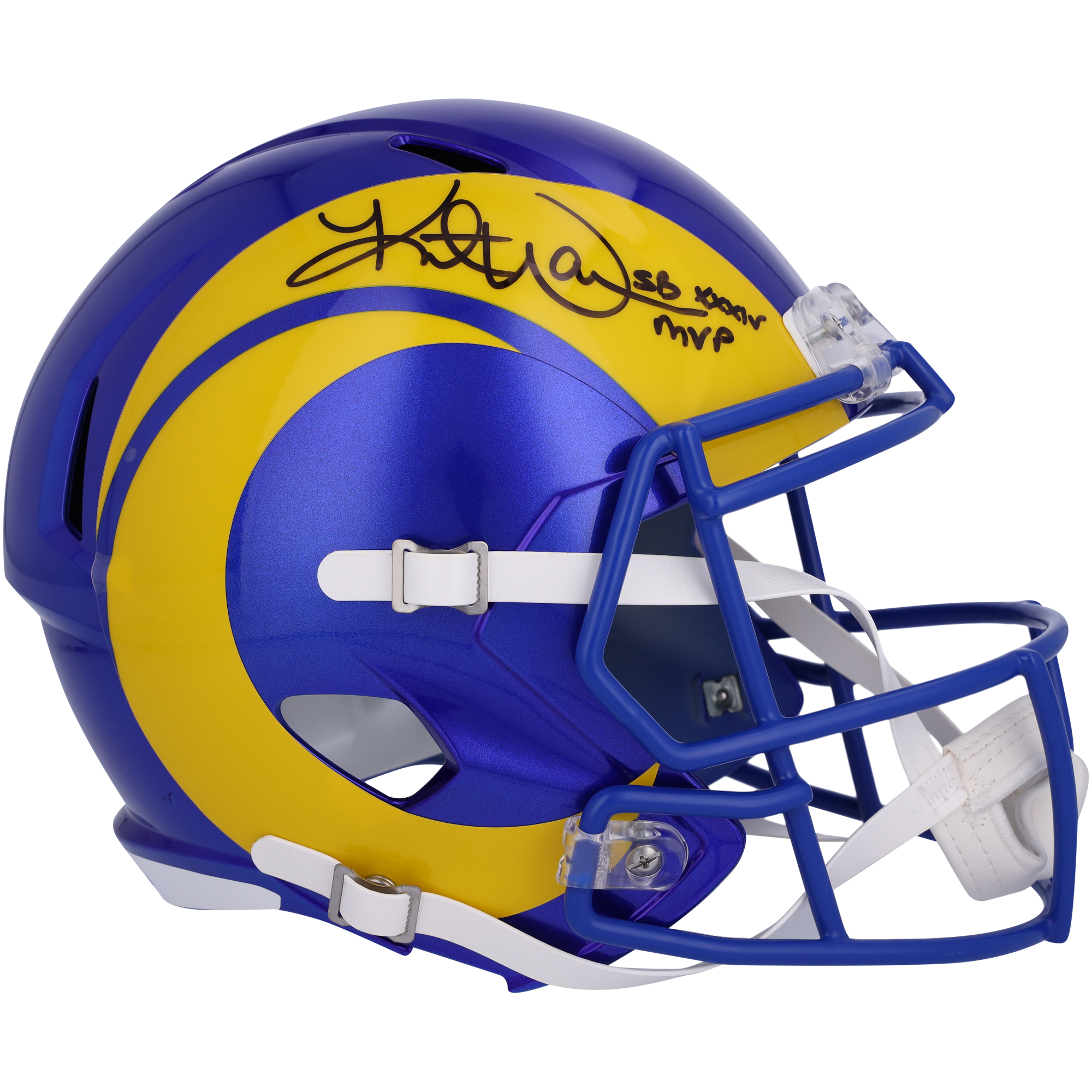 Von Kurt Warner signierter Speed-Replika-Helm der Los Angeles Rams mit der Aufschrift „SB XXXIV MVP“