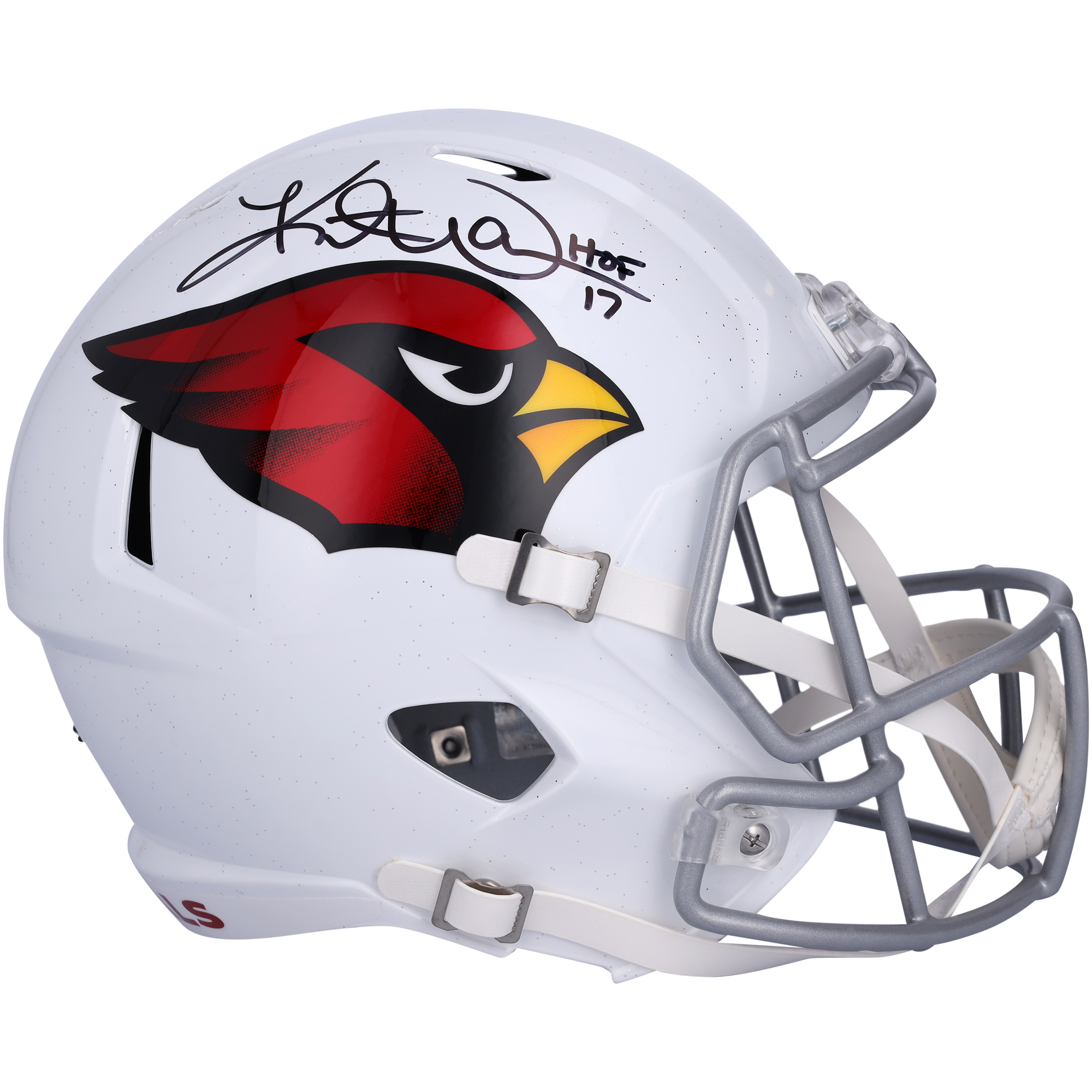 Von Kurt Warner signierter Speed-Replika-Helm der Arizona Cardinals mit der Aufschrift „HOF 17“