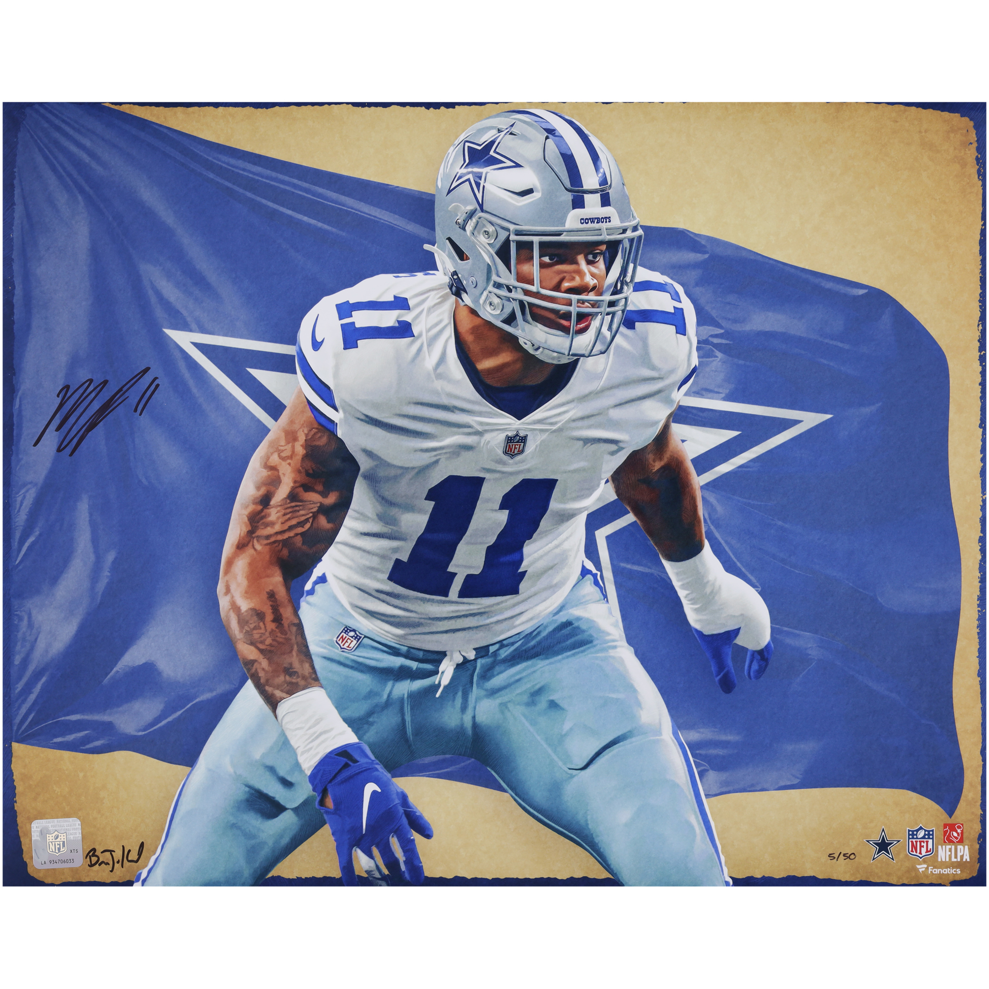 Signierter Fotodruck von Micah Parsons, Dallas Cowboys, 16 x 20 Zoll – Kunst von Brian Konnick – Limitierte Auflage von 50 Stück