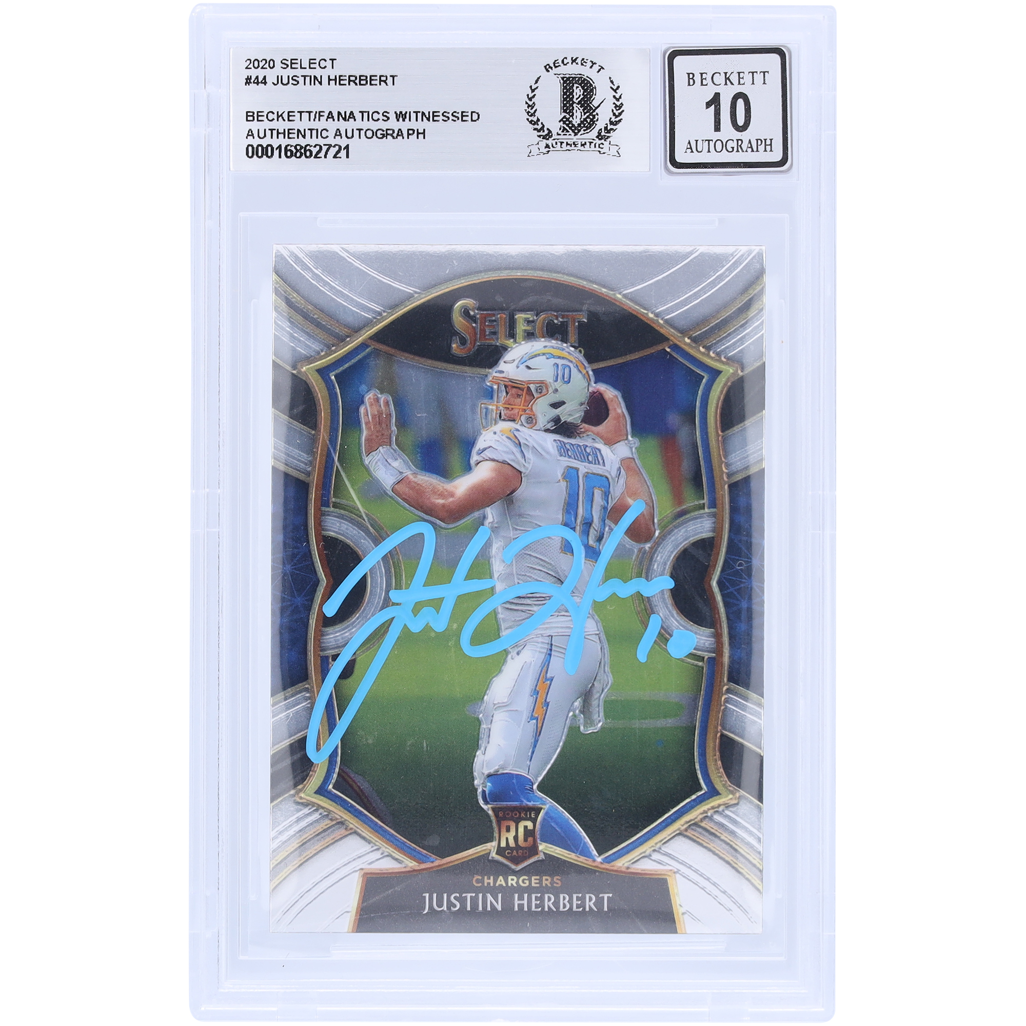 Justin Herbert, Los Angeles Chargers, signiert, 2020, Panini Select, hellblaue Tinte, Nr. 44 Beckett, Fanatics, bezeugt, authentifizierte 10 Rookie-Karte