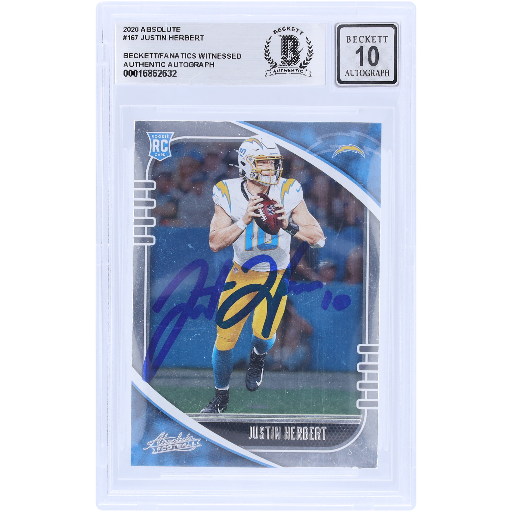 Justin Herbert, Los Angeles Chargers, signierte 2020 Panini Absolute #167 Beckett Fanatics, bezeugte authentifizierte 10 Rookie-Karte