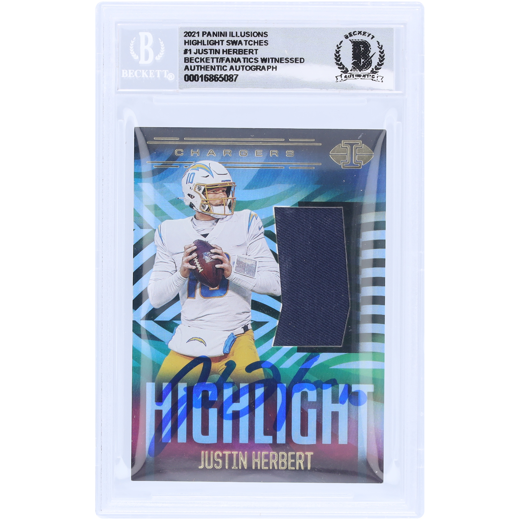 Justin Herbert, Los Angeles Chargers, signiert, 2021, Panini Illusions Highlight Relic #HS-JH, Beckett Fanatics, bezeugt, authentifizierte 10er-Karte