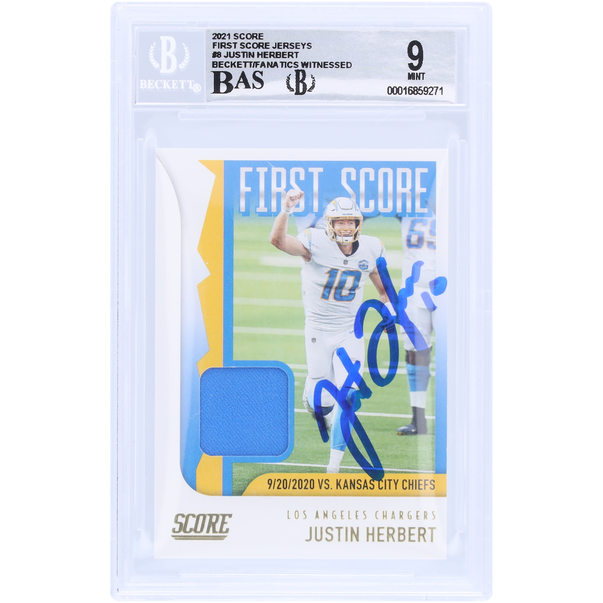 Justin Herbert Los Angeles Chargers signierte 2021 Panini Score First Score Relic #FS8 Beckett Fanatics Zeuge authentifizierte 9/10 Karte