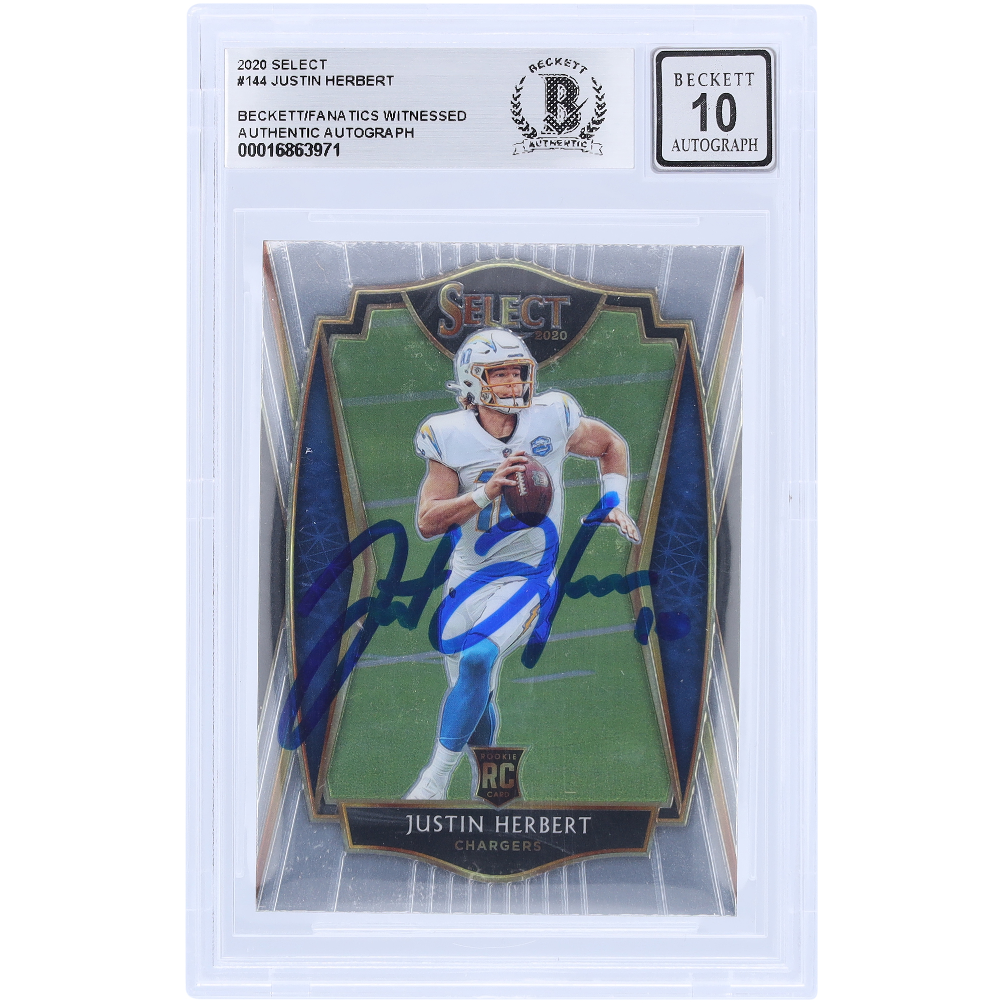 Justin Herbert, Los Angeles Chargers, signierte 2020 Panini Select #144 Beckett Fanatics, bezeugte authentifizierte 10 Rookie-Karte